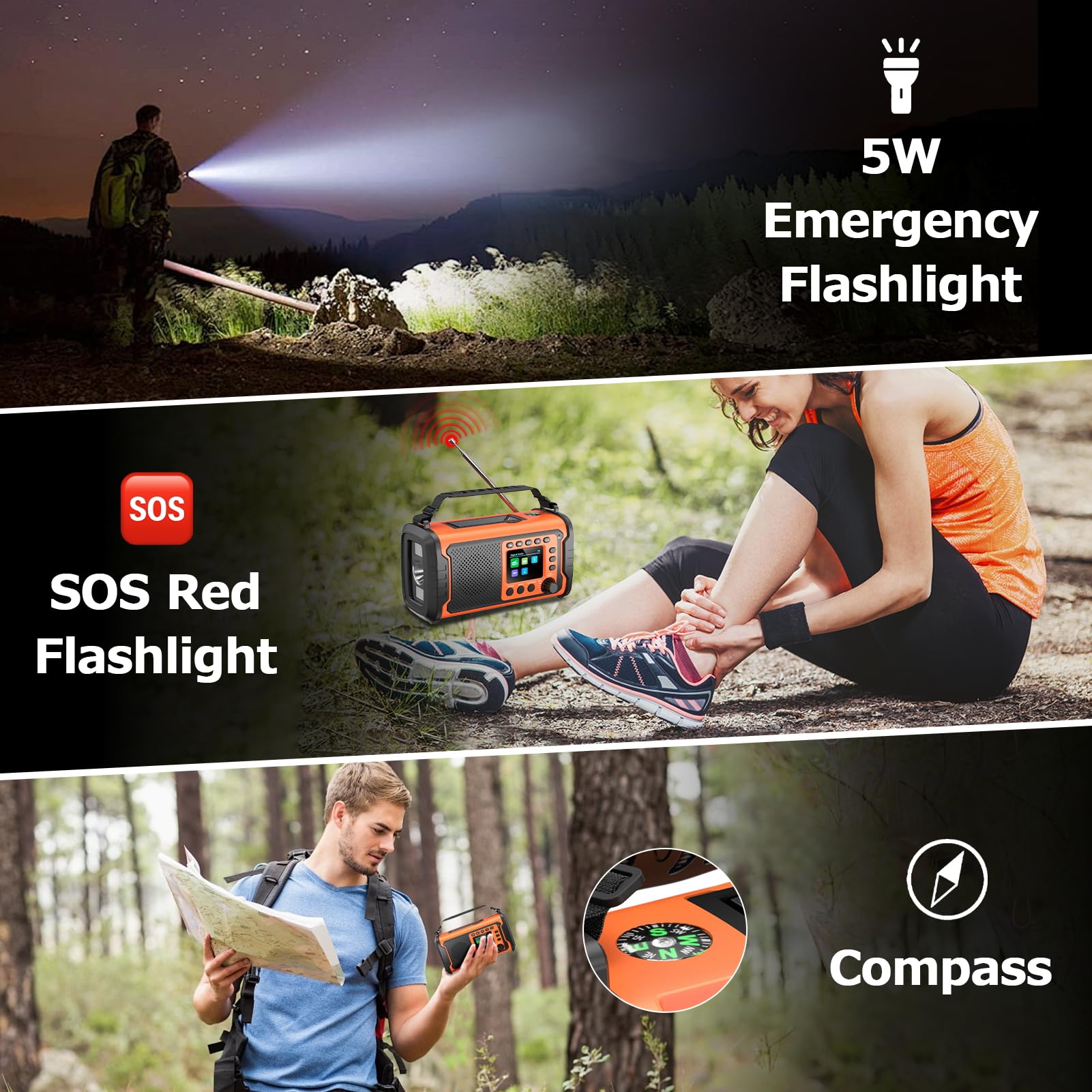 27000mAh DAB/DAB+ Notfallradio mit Kurbel, Solar & USB Laden, Bluetooth 5.3, Powerbank-Funktion, SOS Signal, Heller Taschenlampe, Leselampe, Kompass, TF-Karte und robustem Outdoor-Design, Orange