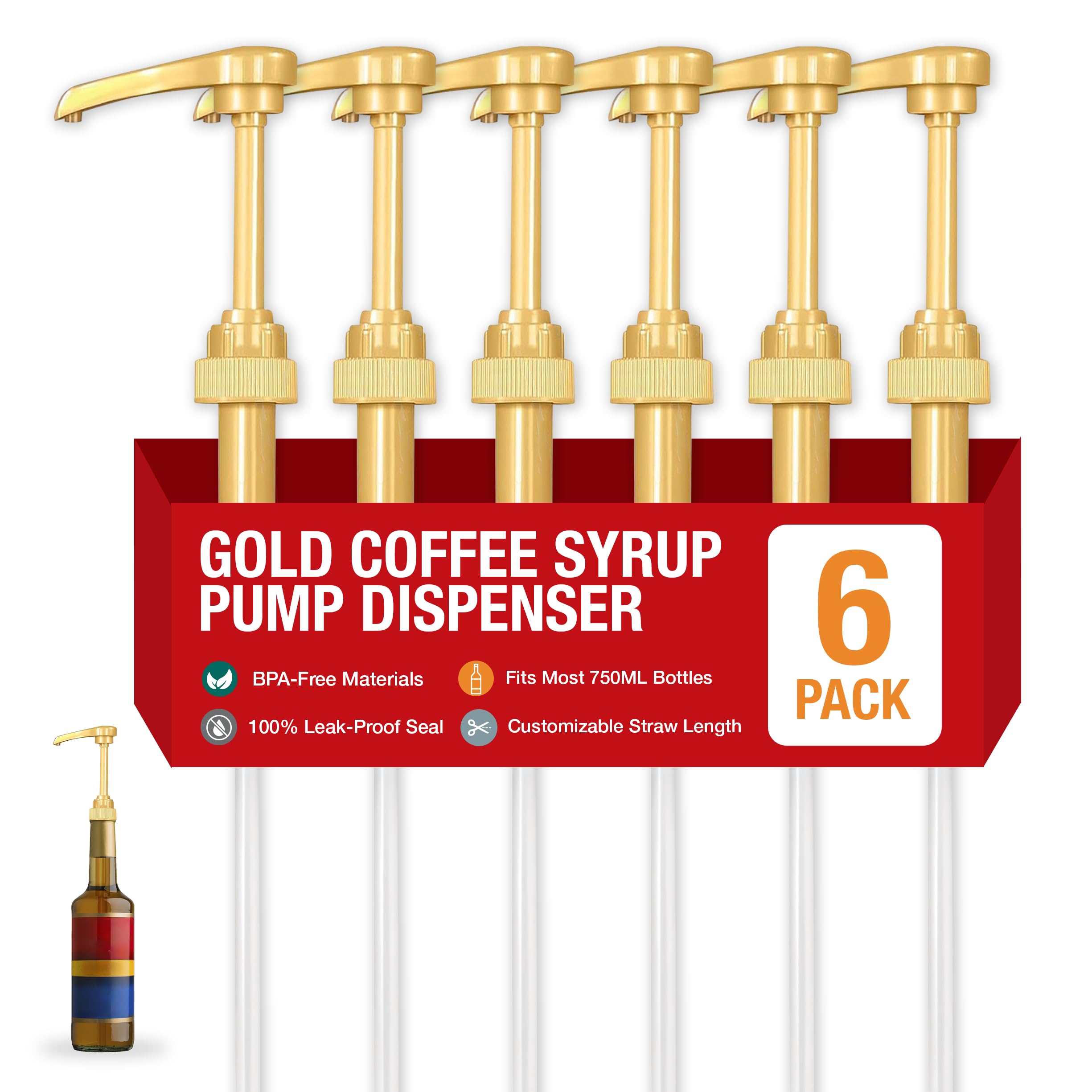 Syrup Pump, Compatible with 750ml Torani, DaVinci &amp; Skinny, 6-Pack, Gold