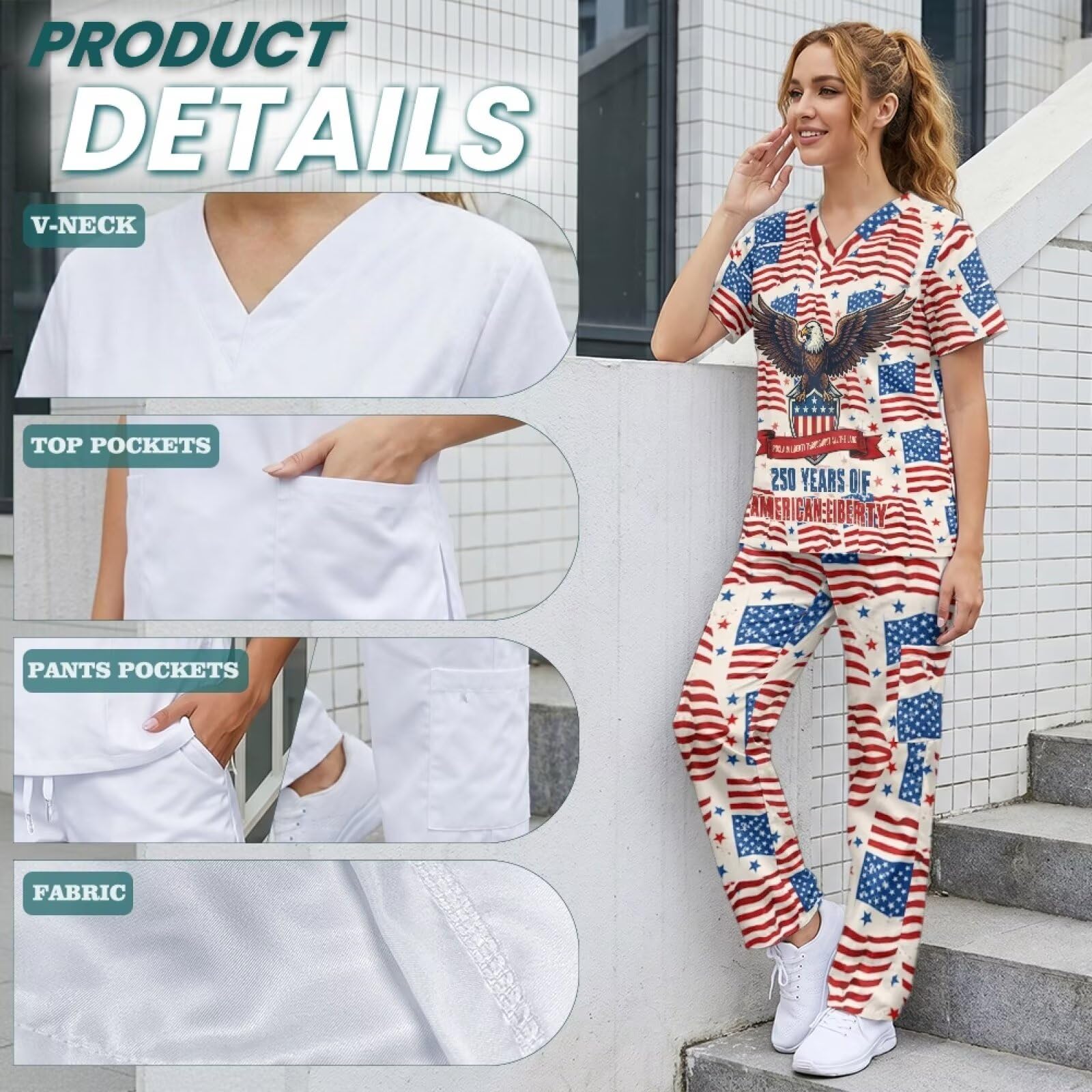 250th Anniversary USA Scrubs Set Women with Tall Scrub Pants Eagle American Flag Scrub Tops for Women Medical Assistant Accessories