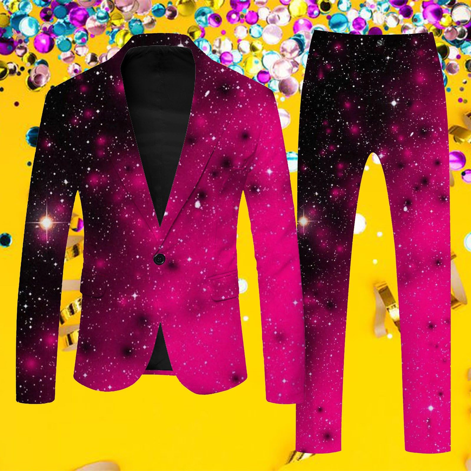 Glitzer Anzug Set Herren Karneval Kostüm Pailletten Blazer und Hose Zweiteiliges Party Anzugjacke und Anzughose 3D Digital Druck Slim fit Outfit Glänzende Sakko Herrenanzug Faschingkostüm Pink