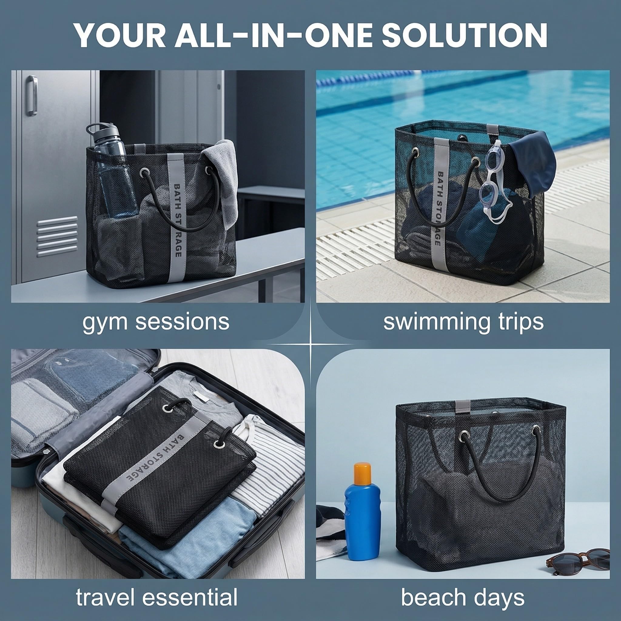 Ampia borsa sportiva in rete impermeabile per nuoto, borsa da palestra portatile con maniglia 27x17x25 cm, per uomo e donna, ideale per indumenti bagnati e attrezzature fitness, nera
