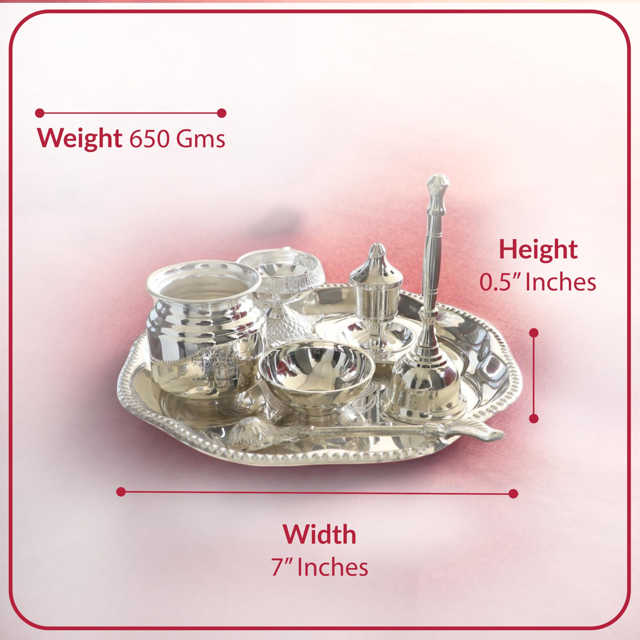 Indian Art Villa Om Design Silver-Plated Pooja Aarti Thali for Poojan Purpose -Set of 7 Pieces 3