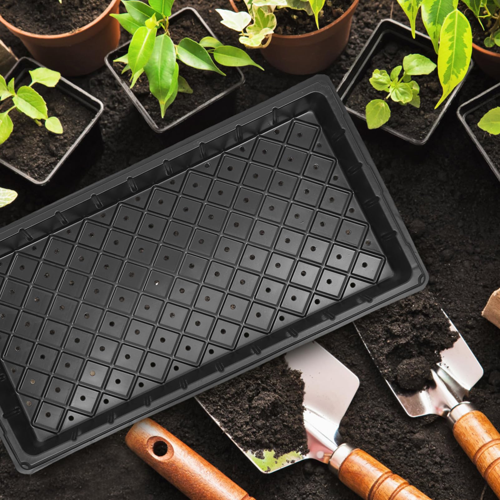 Plateau de Démarrage pour Pépinière Noir, 5 Pièces, Plastique Réutilisable | Trous, Robuste Bavure, pour Semis et Germination, Lot de Cinq, Usage Agricole