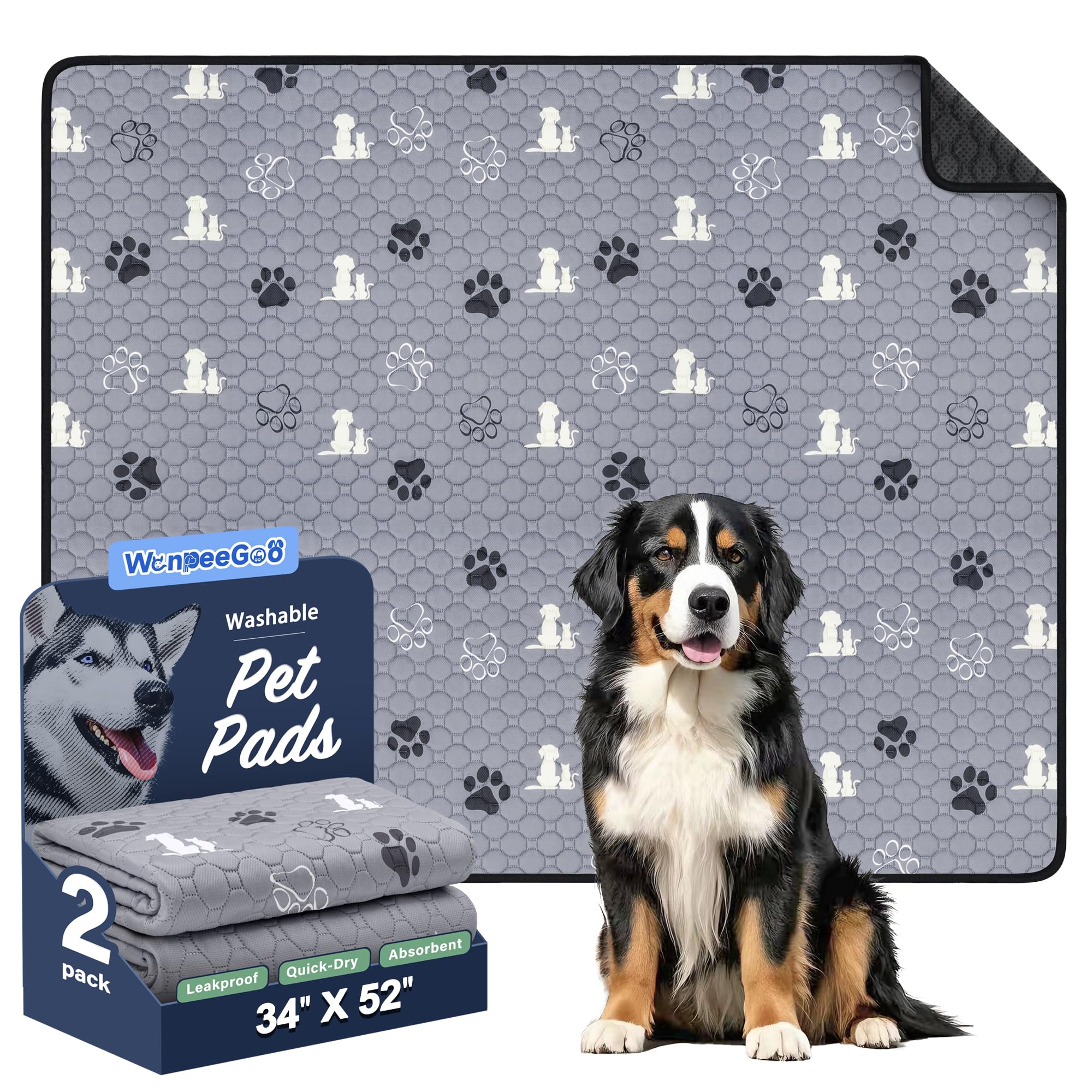 WanpeeGoo Washable Pee Pads for Dogs, 2 Pack Absorbent Reusable Training Dog Pads Pet Puppy Pads, Non-Slip Potty Pads for Whelping, Playpen, Crate, Bed, Gray, 34"x52" — image 1