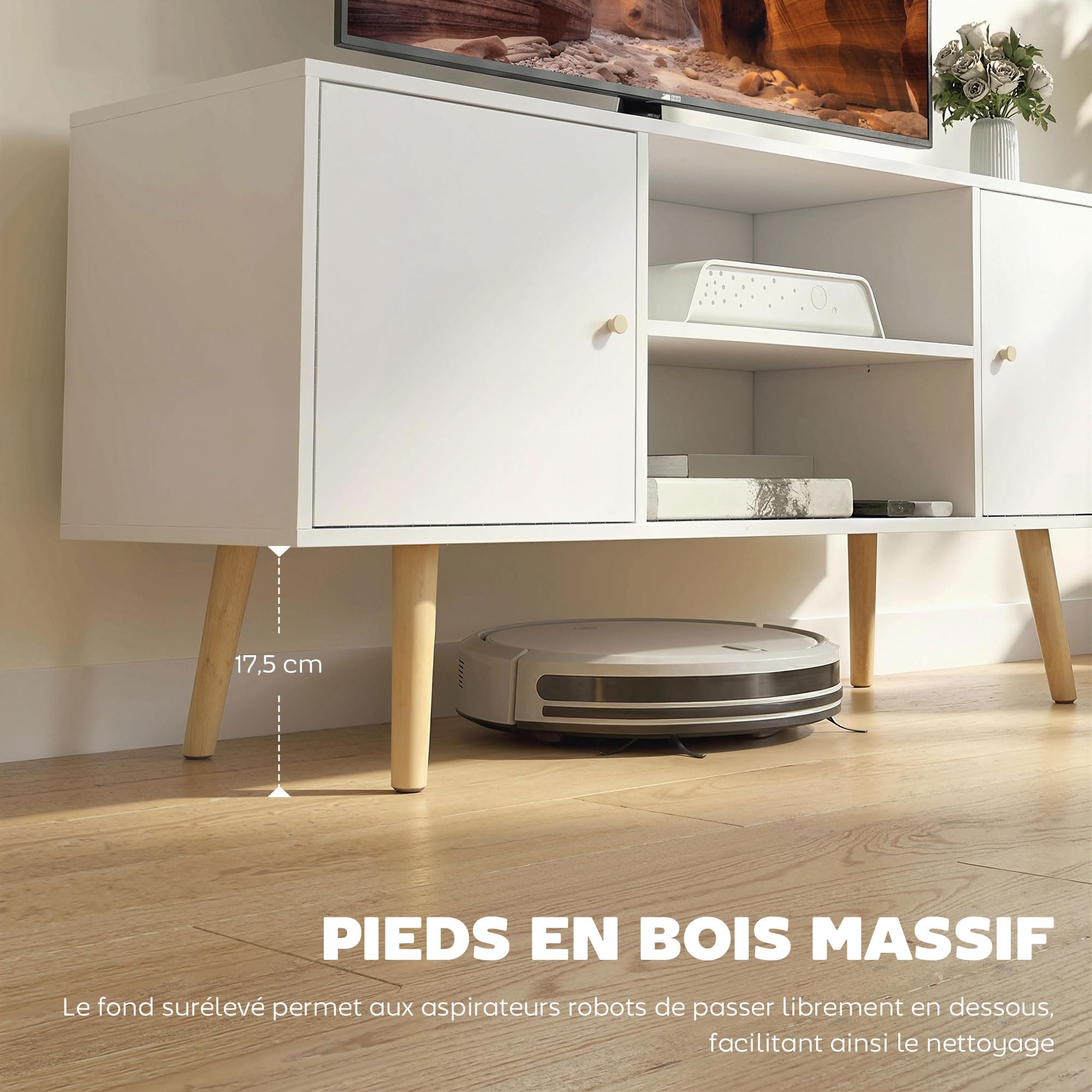 HOMCOM Meuble TV 120 cm, Meuble télé pour téléviseur jusqu'à 55 Pouces avec 2 placards et 2 étagères Ouvertes, Banc TV Moderne pour Salon, Chambre à Coucher, Blanc