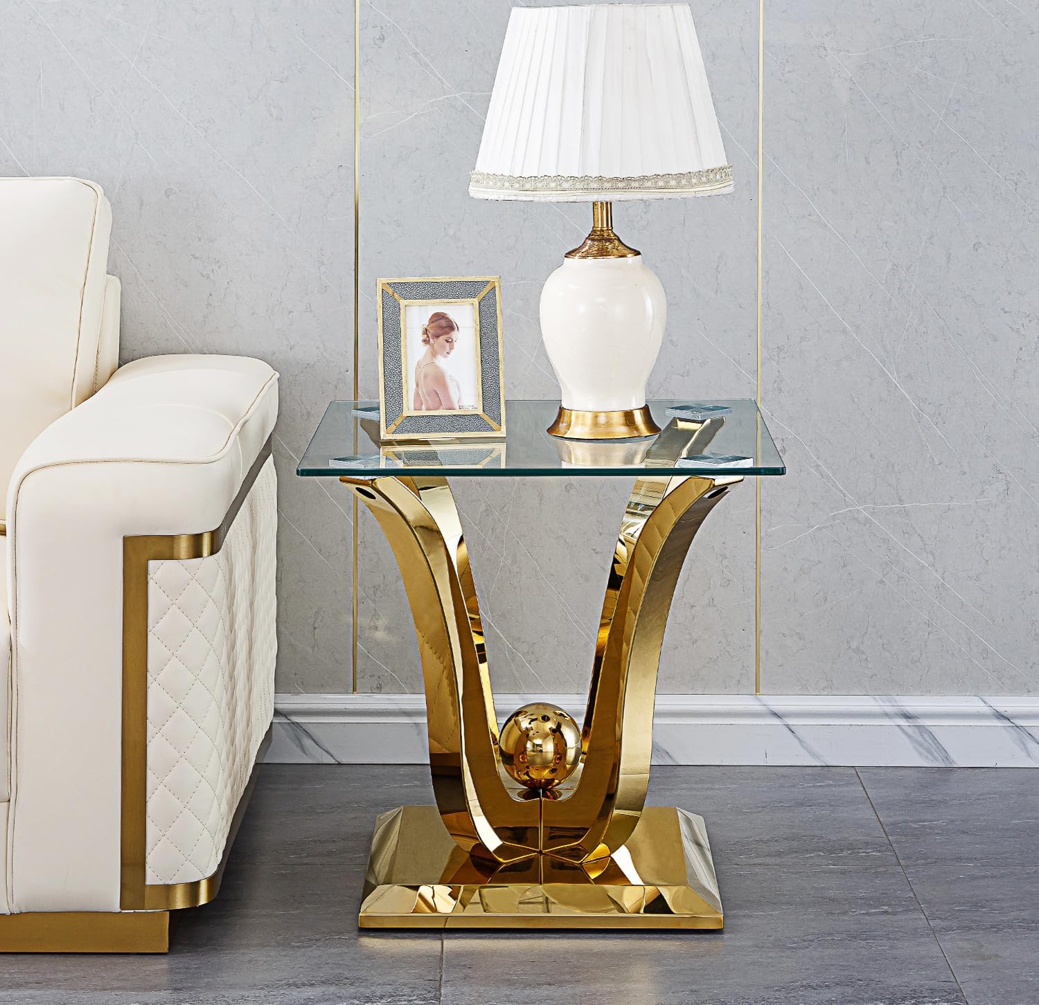 3-Piece Modern Gold Coffee Table Set - Glass, End & Console Tables with Floral-Shape Stainless Steel Pedestal Base