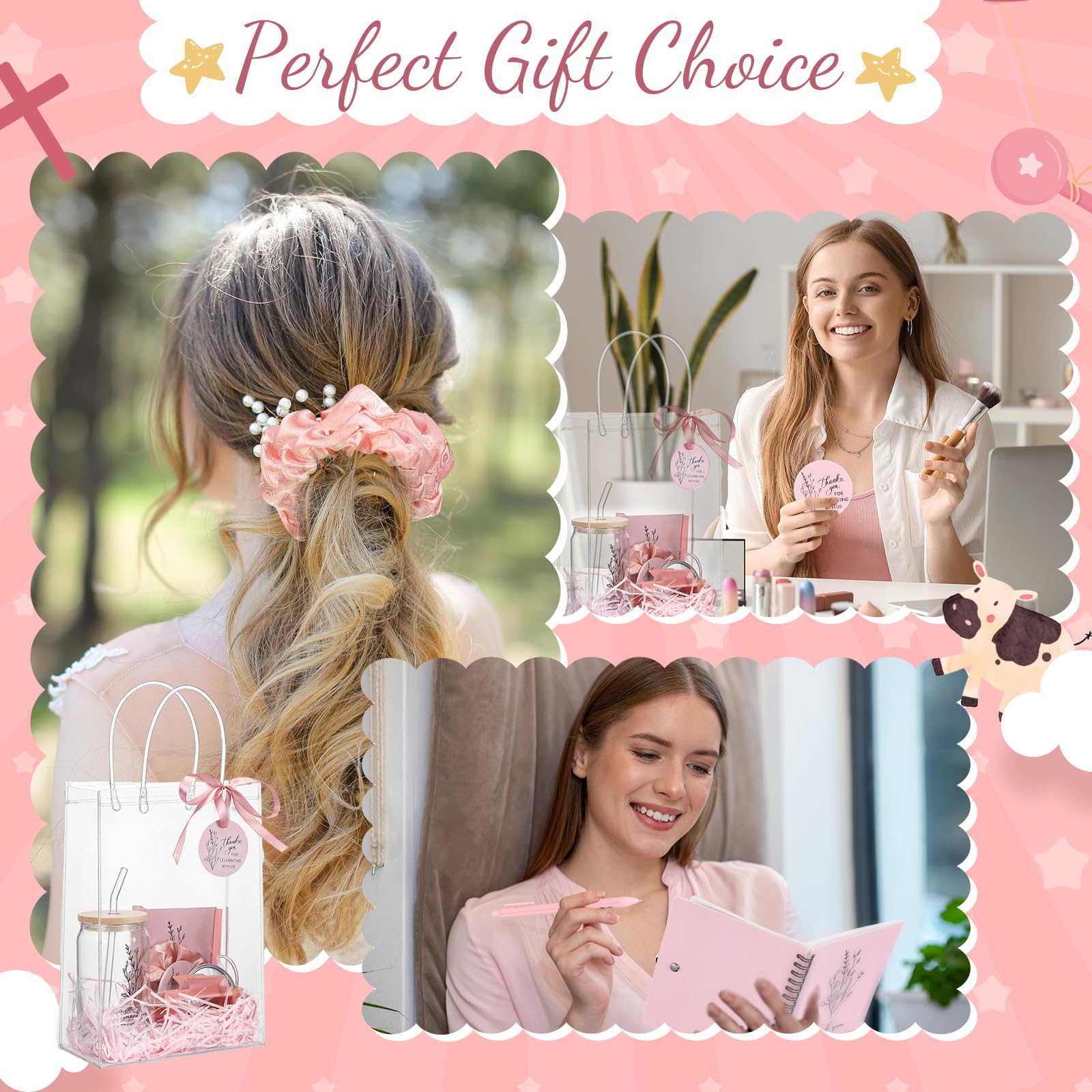 Zeyune 6 juegos de premios para baby shower para juegos, bodas, despedidas de soltera, regalos de fiesta de bebé, incluyendo cuadernos de cristal, bolígrafo, espejo, horquillas, bandas para el pelo