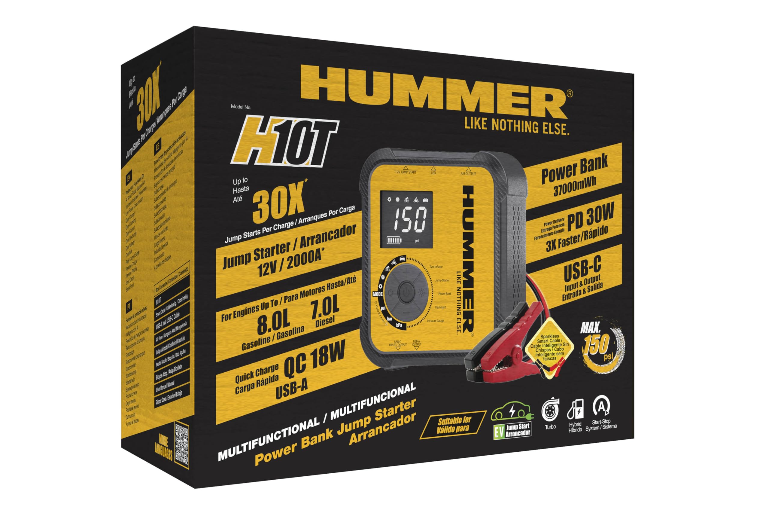 Hummer H10T Arrancador Multifuncional 10000mAh con Compresor 150 PSI, Jump Starter 2000A para Motores Gasolina 8.0L y Diésel 7.0L, Inflador Inalámbrico, Power Bank USB-C PD 30W y USB-A QC 18W