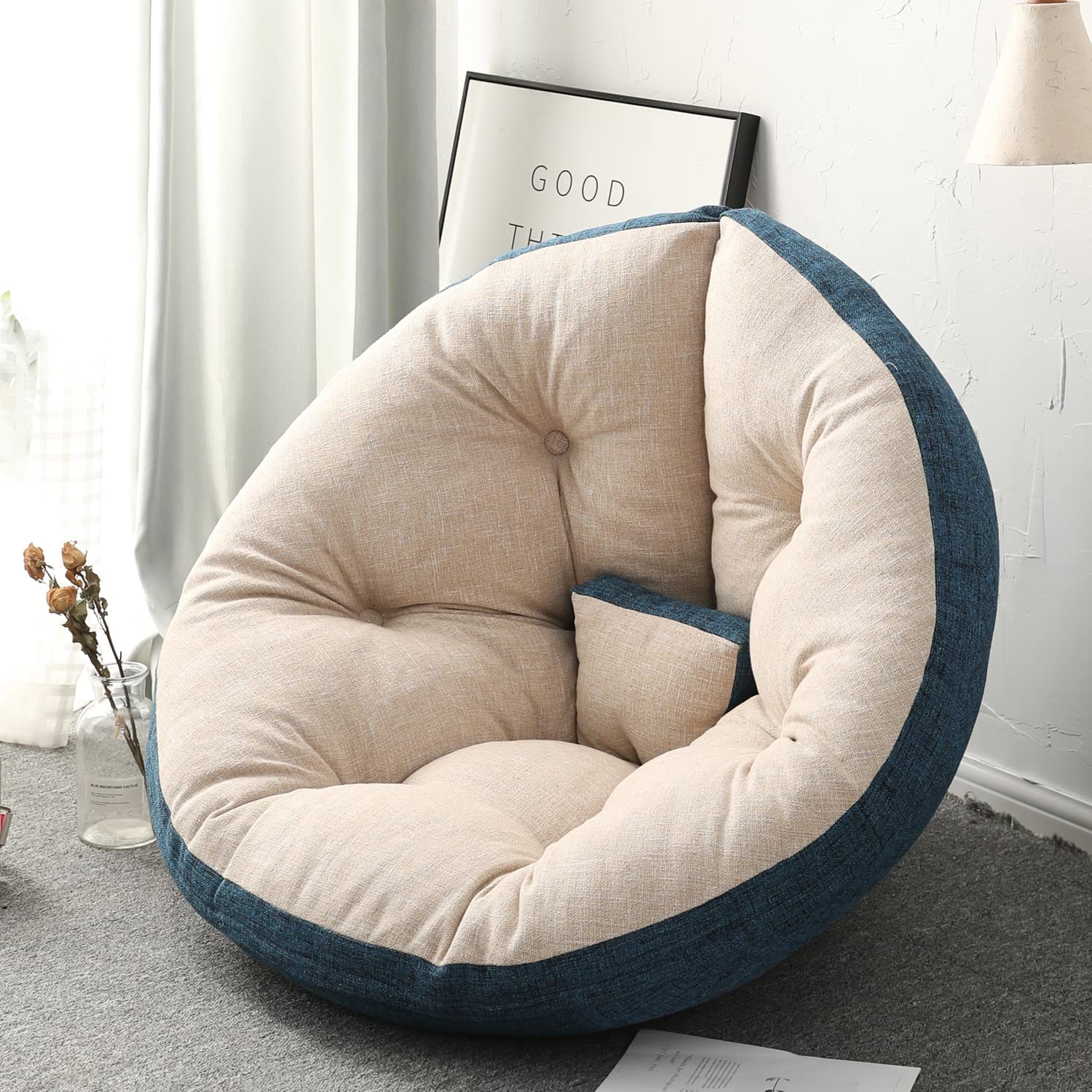 座椅子 ソファ クッション1人掛け(カーキ色/クリーミーホワイト,S)