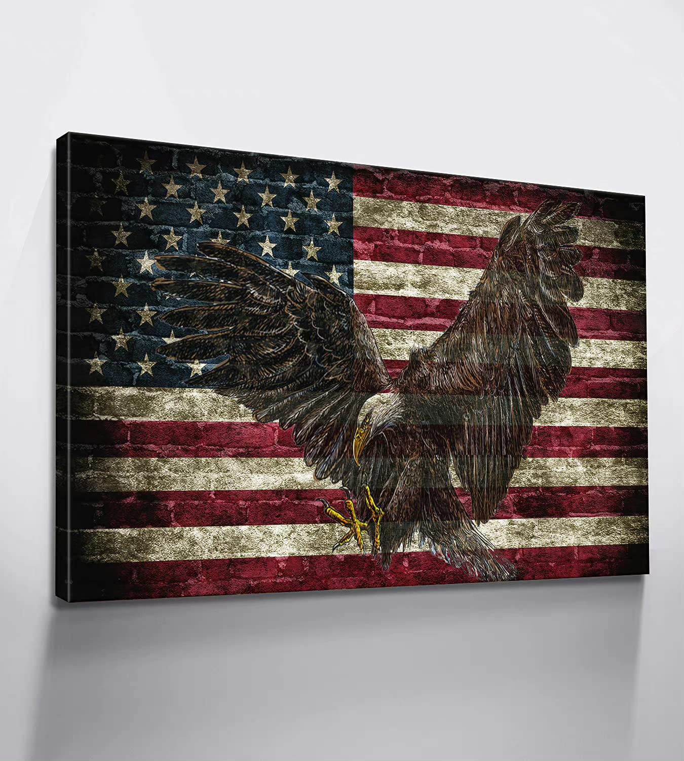 American Flag Wall Art - Patriotic Canvas with Eagles & Military Theme - Perfect for Bedroom Decor & Veterans Day Gifts (24''Hx36''W)