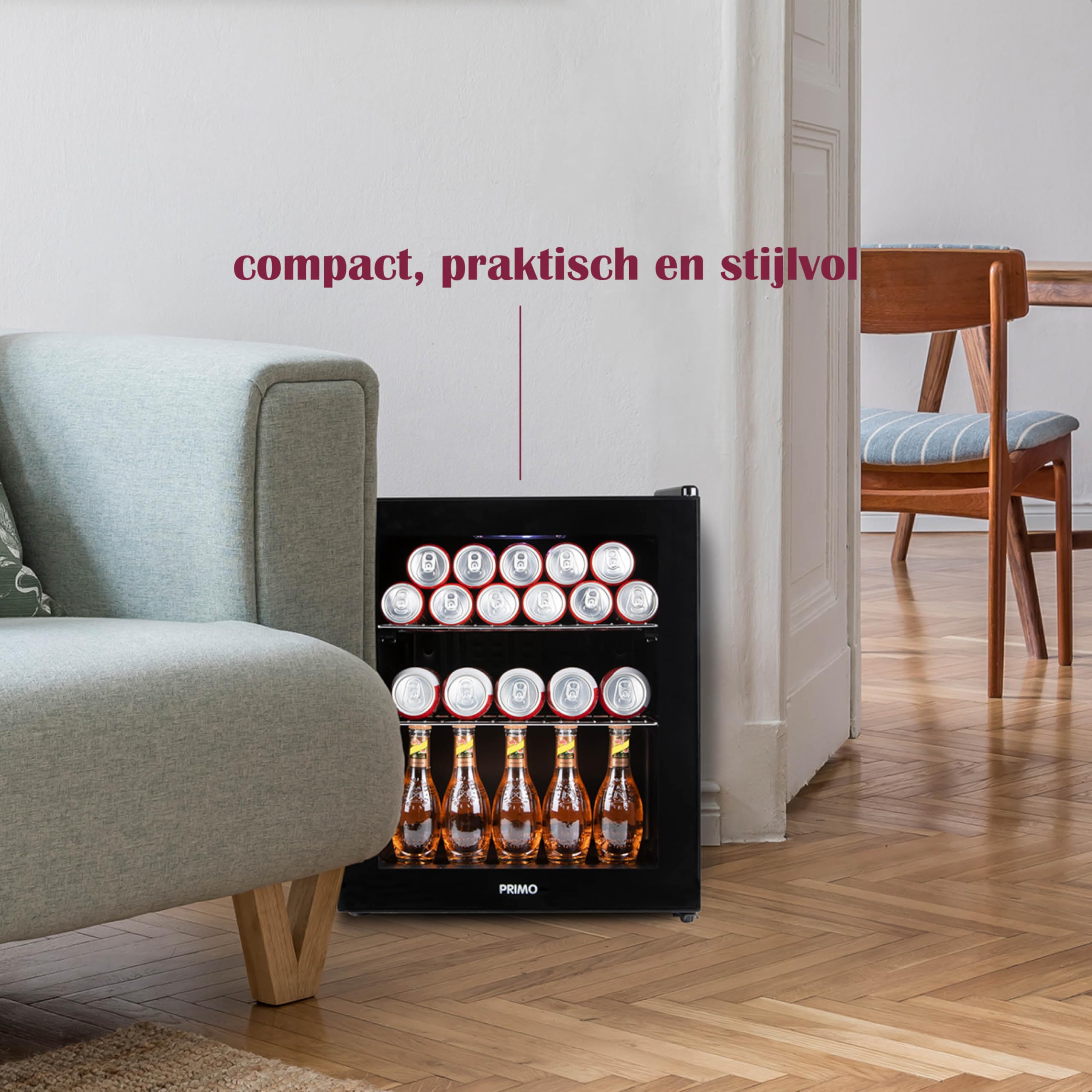 PRIMO PR178BC - Frigorifero per bevande, minibar, mini frigo, porta vetrata, posa libera, 46 l, D, nero