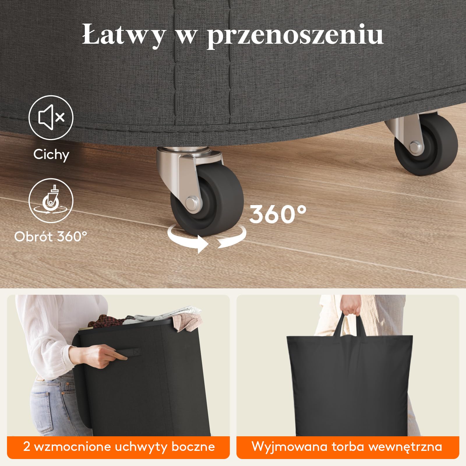 Lifewit Kosz na pranie z pokrywką na kółkach, 85L kosz na pranie z plastikowym ramieniem, składany duży kosz sortujący bieliznę, kosz na bieliznę Laundry Baskets do sypialni, łazienki, czarny