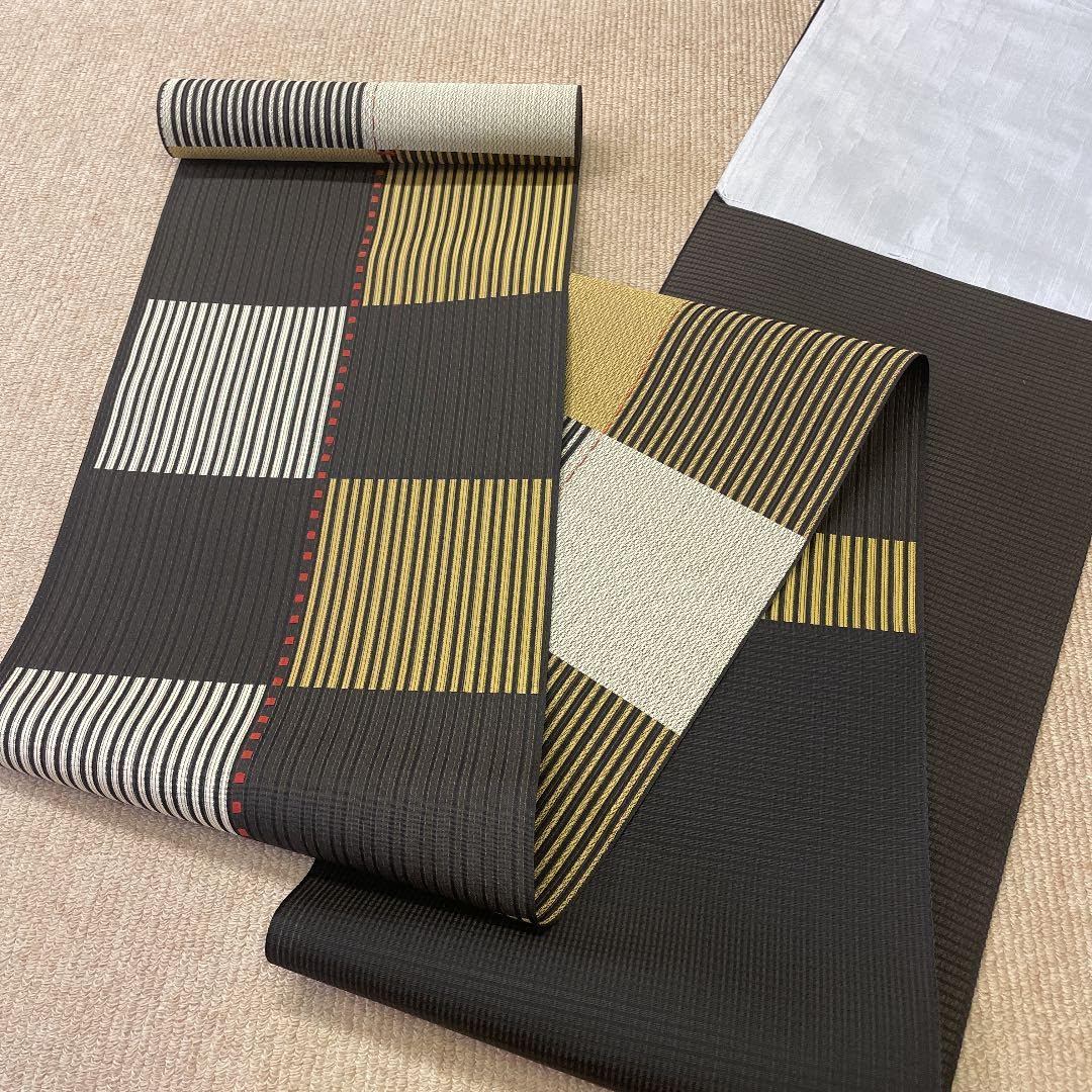 新品 紋八寸なごや帯 春夏秋スリーシーズン 本場筑前 博多織 正絹 縞市松 新品 紋八寸なごや帯 春夏秋スリーシーズン 本場筑前 博多織 正絹 縞