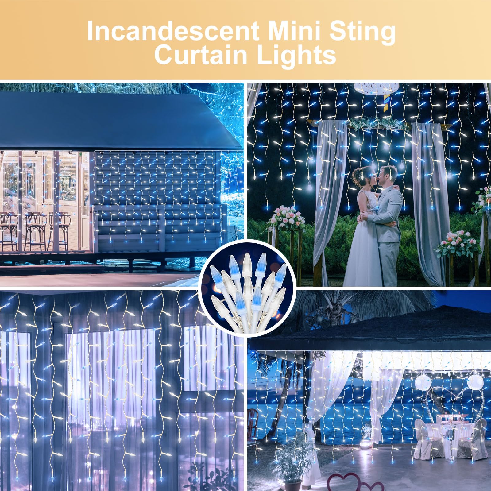 Tenda luminosa decorativa con pannello solare 3 metri 114 Led Bianco Caldo altezza 60cm da esterno Wisdom