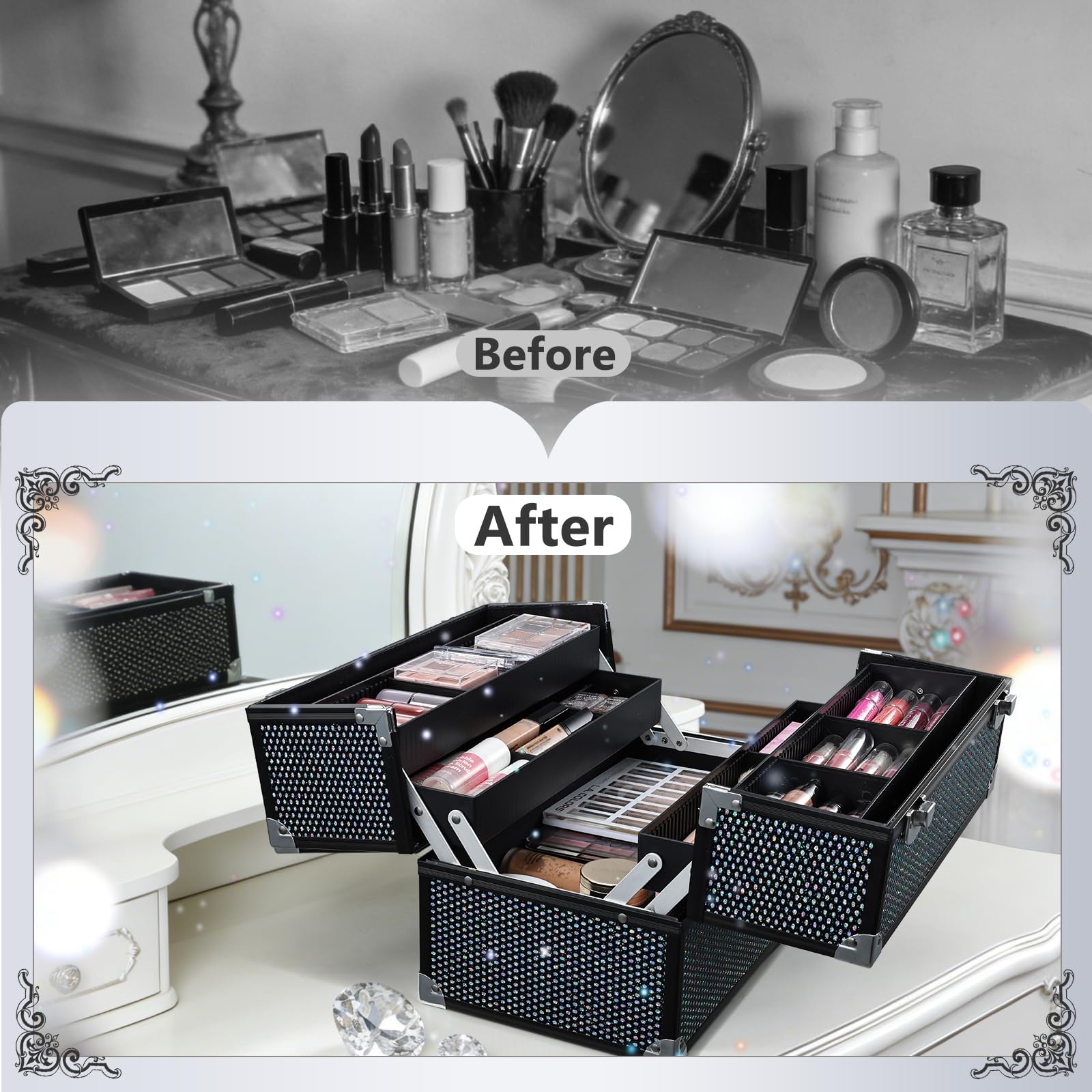 Joligrace Grande valigetta cosmetica, beauty case, trucco, multiuso, per parrucchiere, per il trasporto, con tracolla, Nero abbagliante