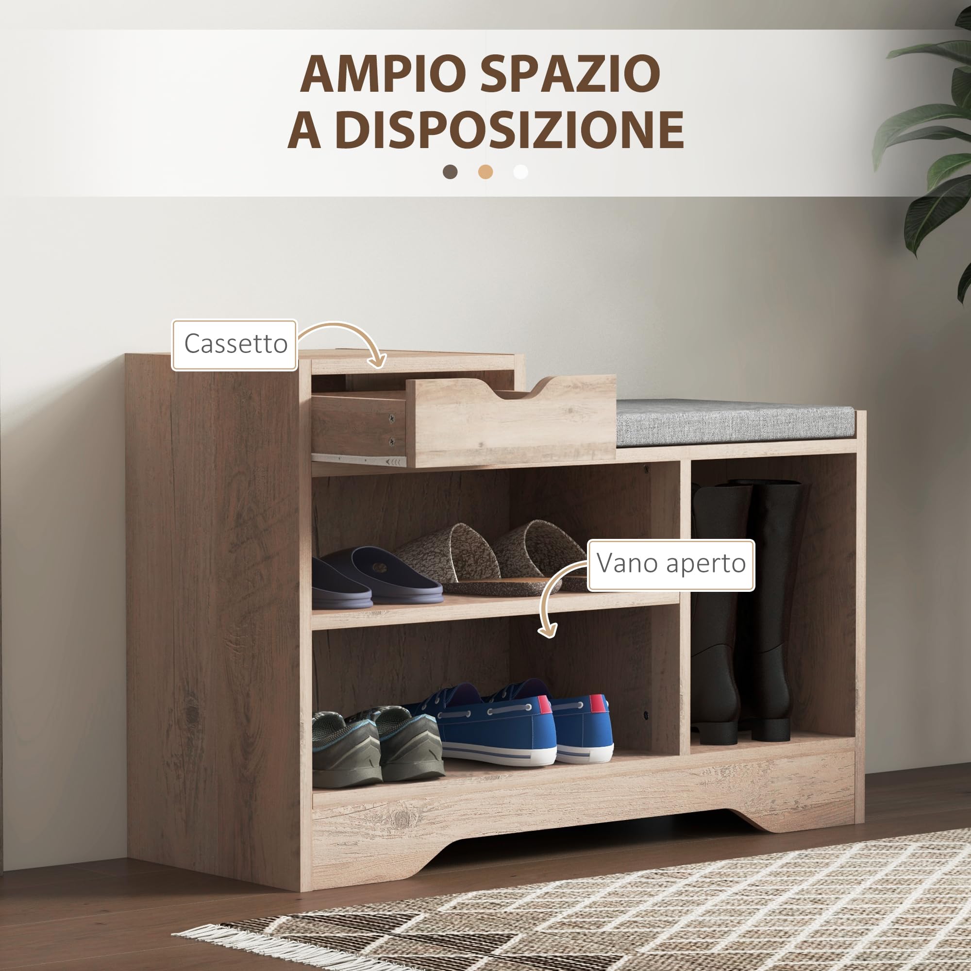 HOMCOM Panca Scarpiera Moderna con 3 Ripiani Aperti, 76.5x30x52 cm, Grigio | Cassetti, Scarpiera Bassa, Truciolato, Poliestere e Spugna