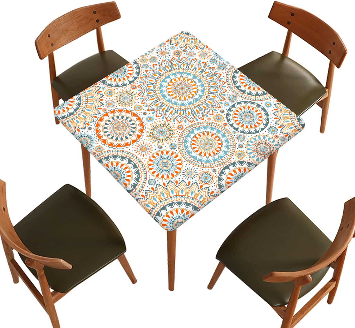 Flower Fitted Polyester Tablecloths Square, Abstract Art Floral Elastic Edge Home Decor Tablecloth, Splashproof Washable Fabric Table Cover For Family