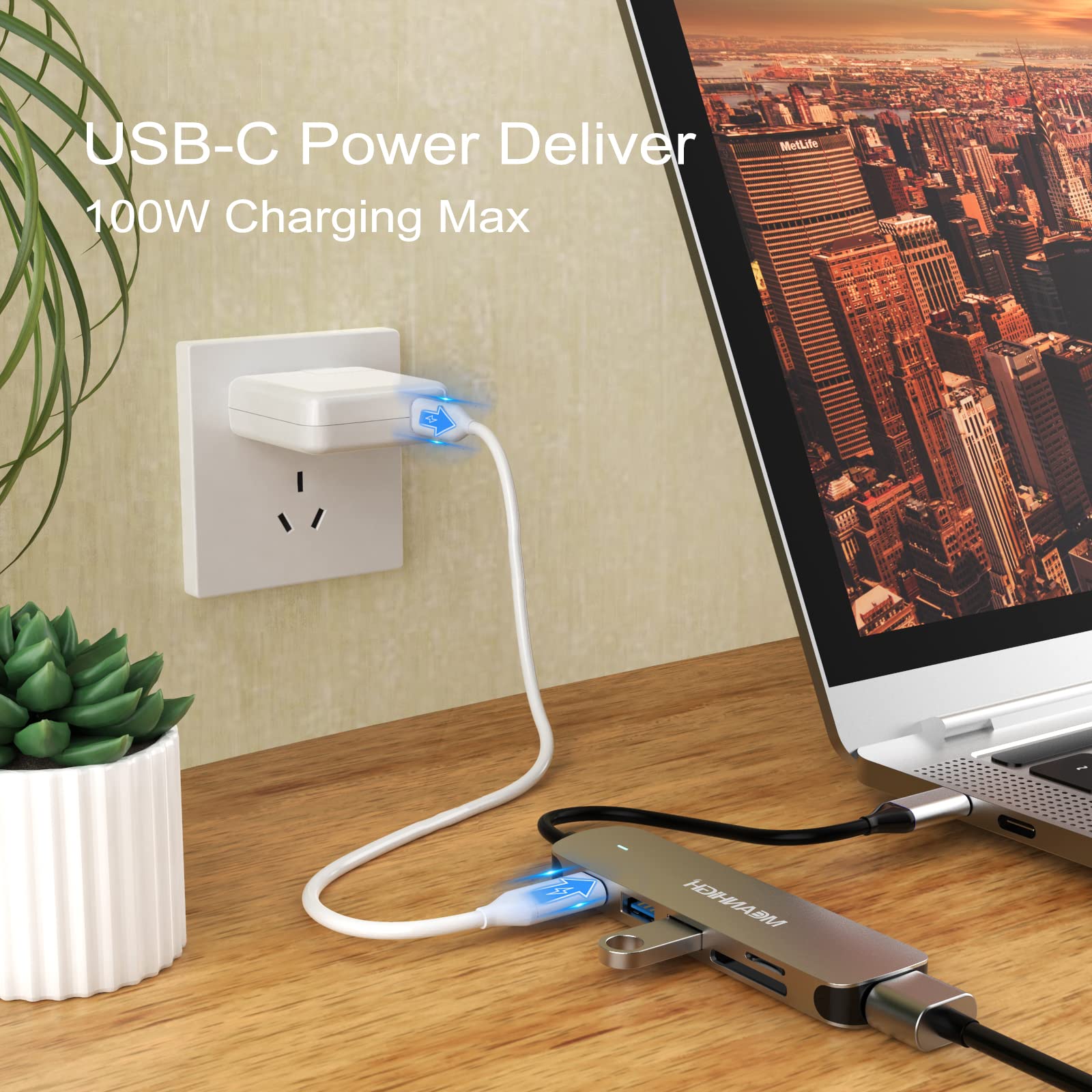 Hub USB C 3.0, adaptador de tipo C a USB 6 en 1, salida HDMI 4K, lector de tarjetas SD/TF, carga PD de 100 W, compatible con MacBook Pro Air, HP XPS y otros dispositivos tipo C