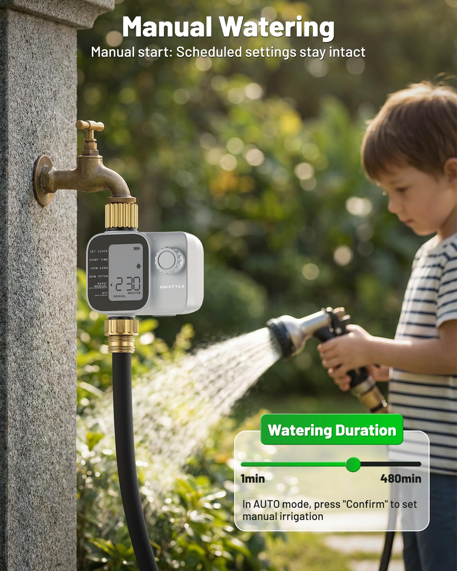 Unistyle Timer per irrigazione con ingressi in ottone, timer programmabile per acqua per tubo da giardino, timer impermeabile IP55 con timer di irrigazione manuale e automatico per cortile e prato