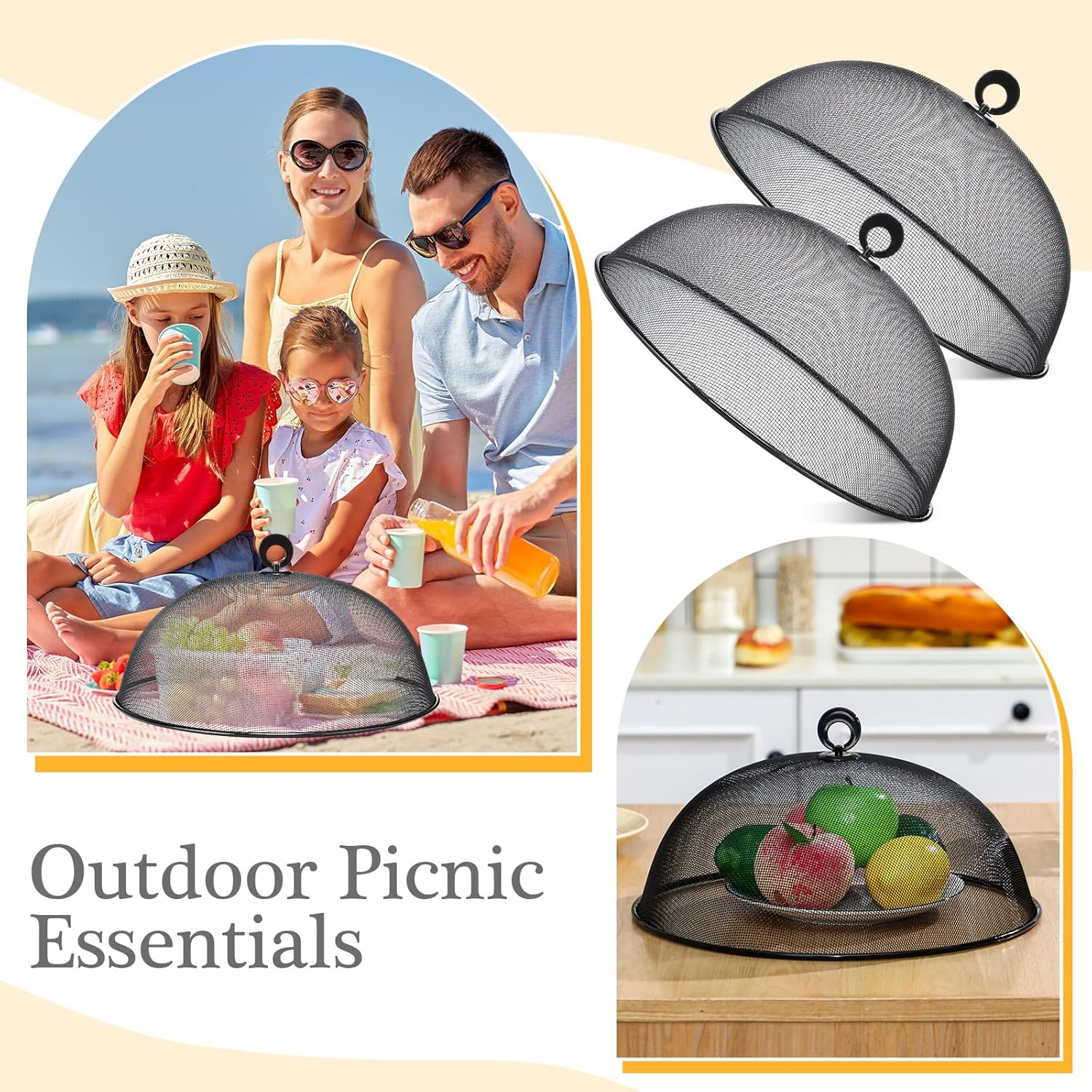 Gerrii 6 Pcs Metal Mesh Food Cover Outdoor Mesh Food Tents Dome Screen Plate Covers for Dinner Plates Reusable Fruit Fly Nets Picnic Food Umbrella for Table, BBQ, Camping, Party (Black,14 Inch)