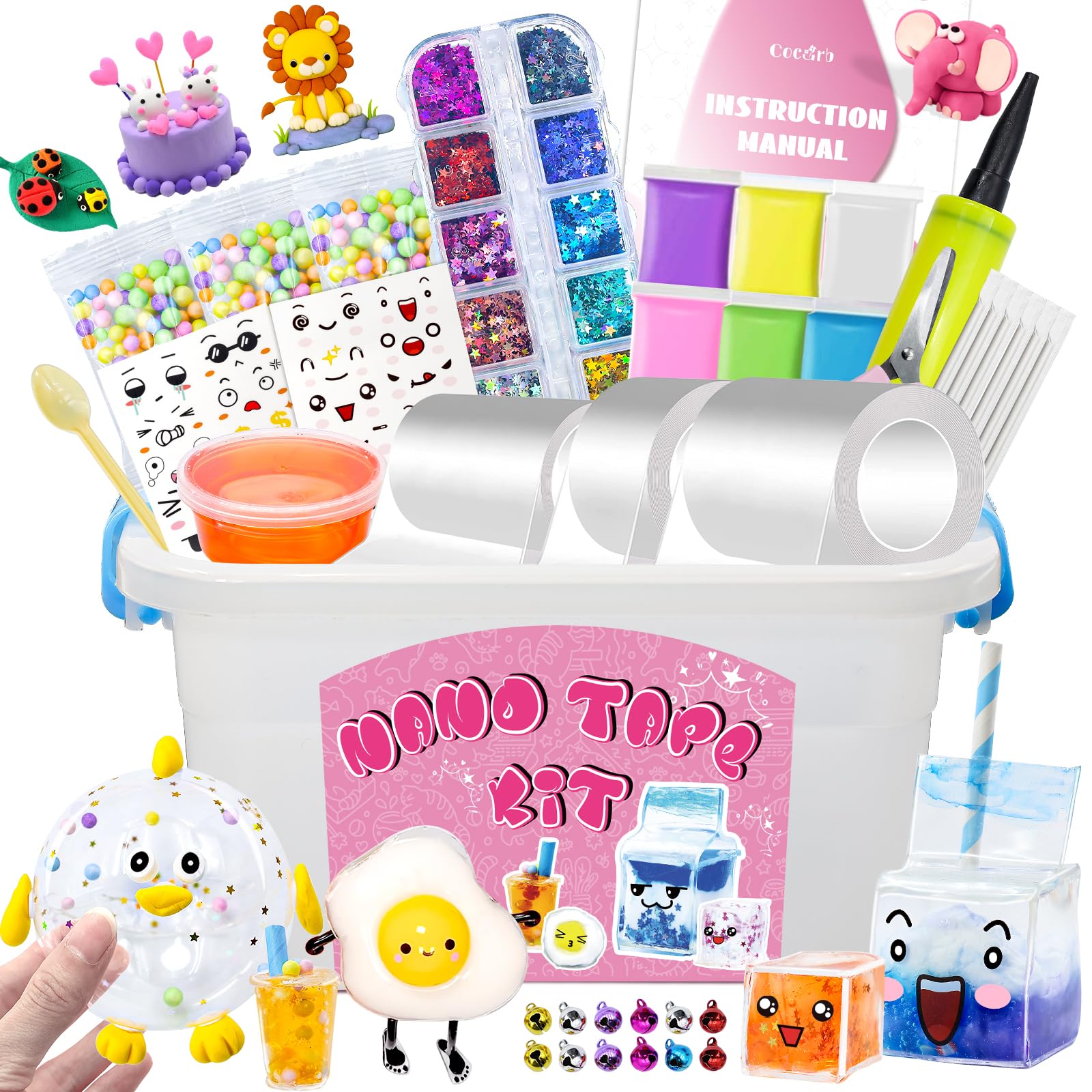 Cocurb Make Your Own Nano Tape Bubble Kit for Kids, Adults Anxiety Relief Stress Balls Toys with Storage Box Thick Nano Tape, Clay, Slime, Glitter, Inflator Pump, Scissors, Emoticons Stickers