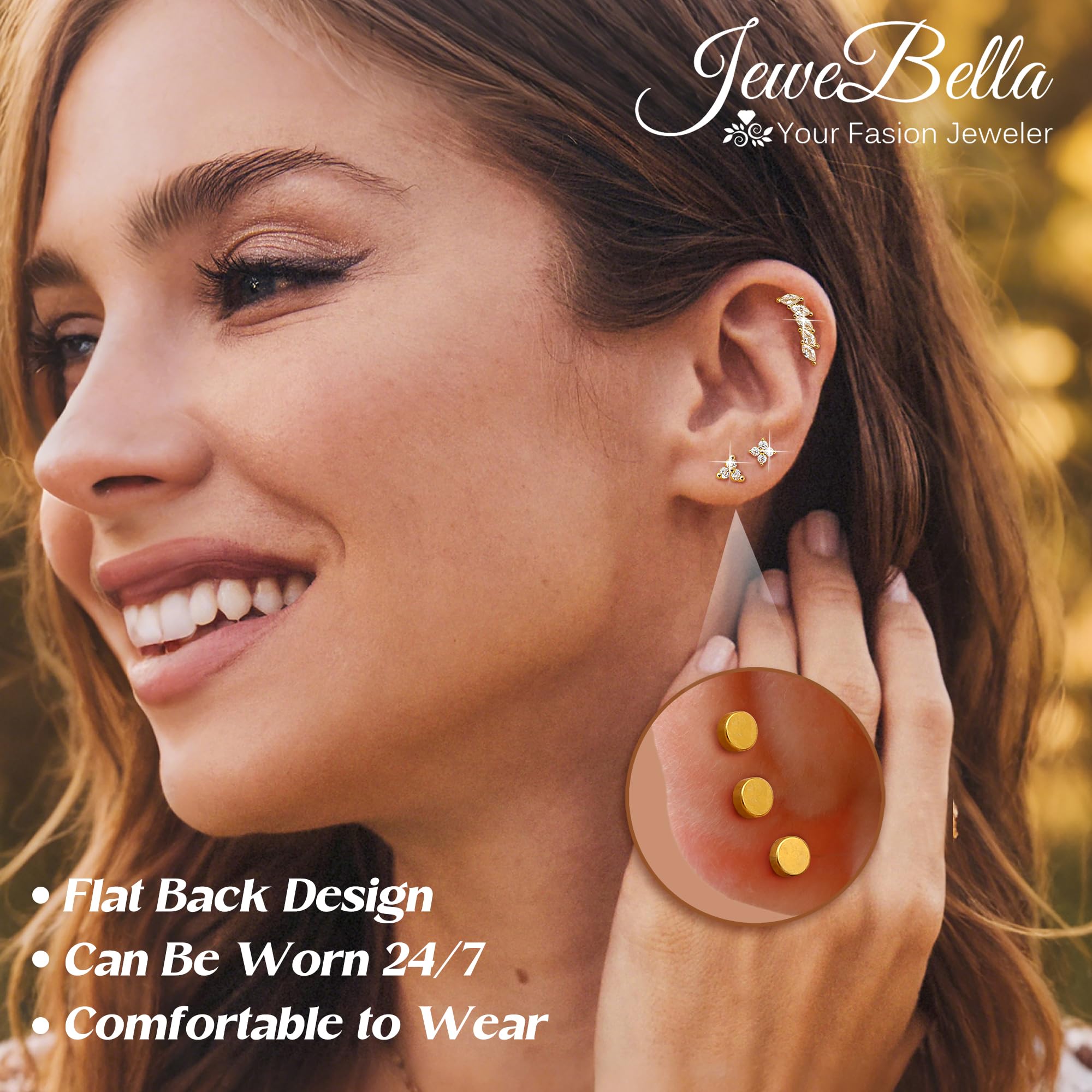 HMJGDHX 16 sztuk Helix Piercing Biżuteria Hipoalergiczny Srebrny Złoty Płaskie kolczyki z tyłu Stal chirurgiczna Kolczyki na chrząstkę dla kobiet Helix Tragus Conch Daith Piercing Biżuteria