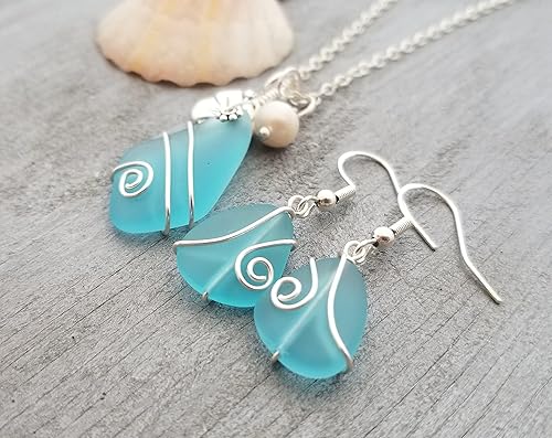 Miniatura 6 de Juego de collar de cristal de mar azul turquesa envuelto en alambre + aretes, piedra natal de diciembre, hibisco y perla de agua dulce, (regalo de