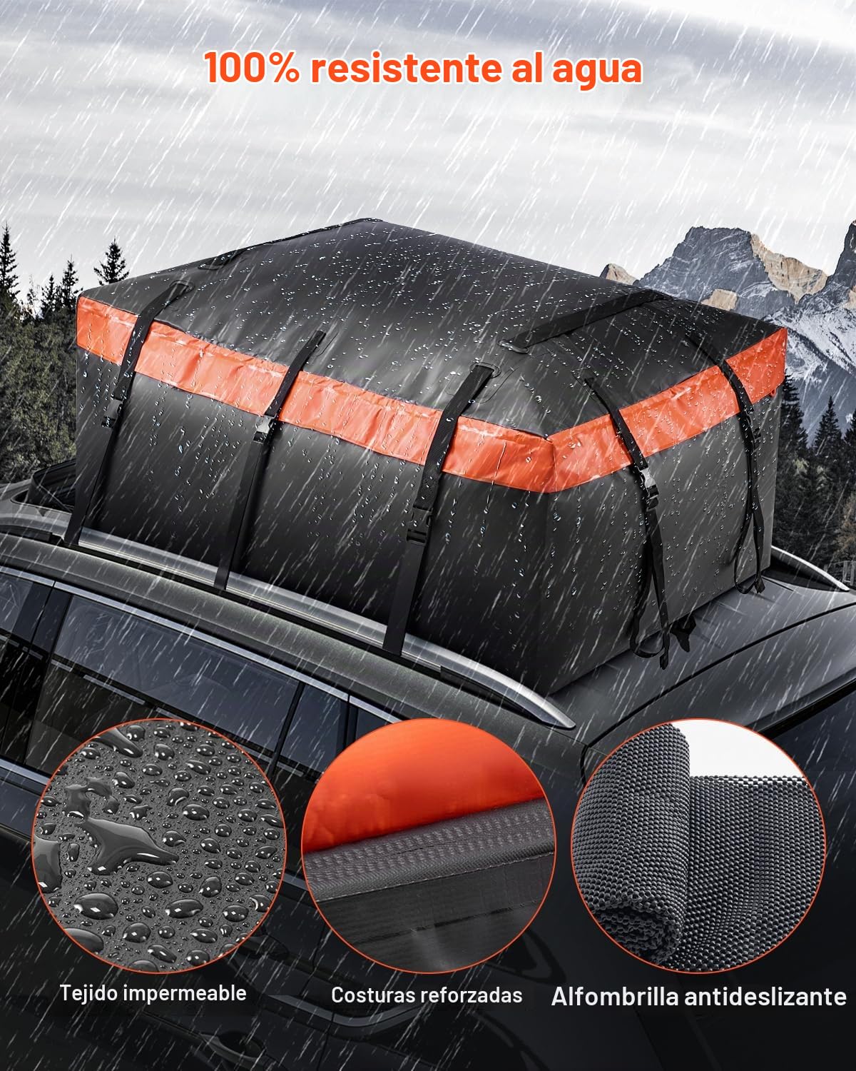 VEVOR Bolsa de Carga para Techo de Automóvil, 20 Pies Cúbicos, Resistente, 840D PVC, 100% Impermeable, para Todos los Vehículos, con Cerradura, Tapete Antideslizante, 120 x 89 x 53,5 cm, Negro