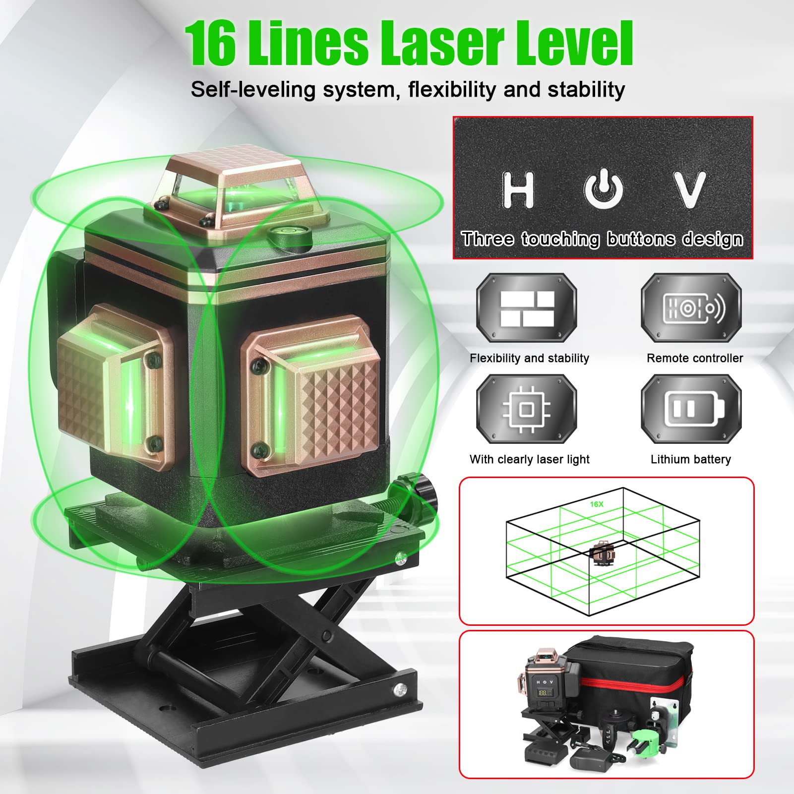 Niveau Laser 360° Geevorks Niveaux Laser 360 4D 16 Lignes Autonivelant 25m Lazer Niveaux Verte 520 Nm,1 * Batterie,Support Mural,Lignes Horizontales Verticales Avec Fonction d'Auto-Nivellement à ±3°