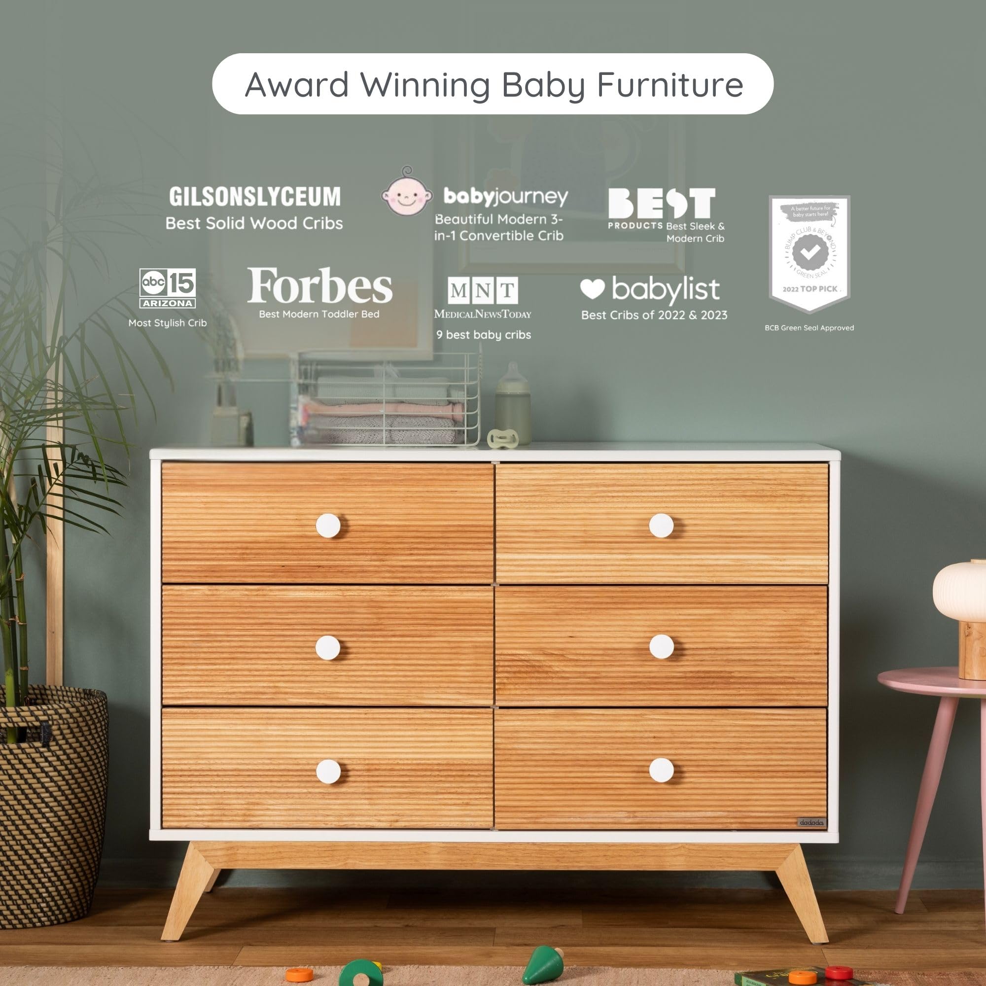 dadada Baby Merry 6-Drawer Dresser – Modern Nursery Dresser with Natural Wood Fronts, Soft-Close Drawers, Anti-Tip Safety Kit, Baby-Safe Finish – Spacious Storage for Nursery & Home (White/Natural)