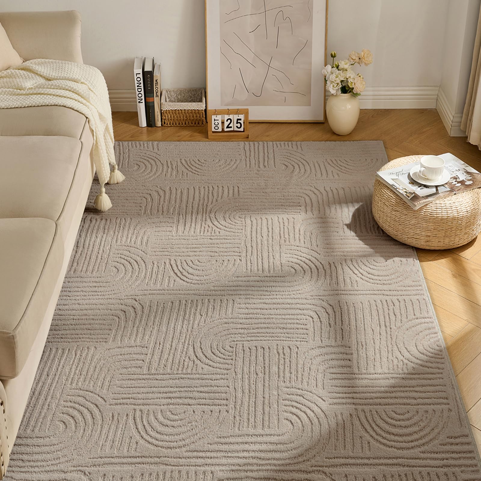 Ceneco Taupe Rugs Living Room 80x150cm, Fluffy 3D Short Pile Rug for Bedroom Washable Non Slip,Non Shedding Geometric Carpet, Shaggy Area Rugs for Kids Beside Kitchen Office Lounge Dining (Taupe) — image 1