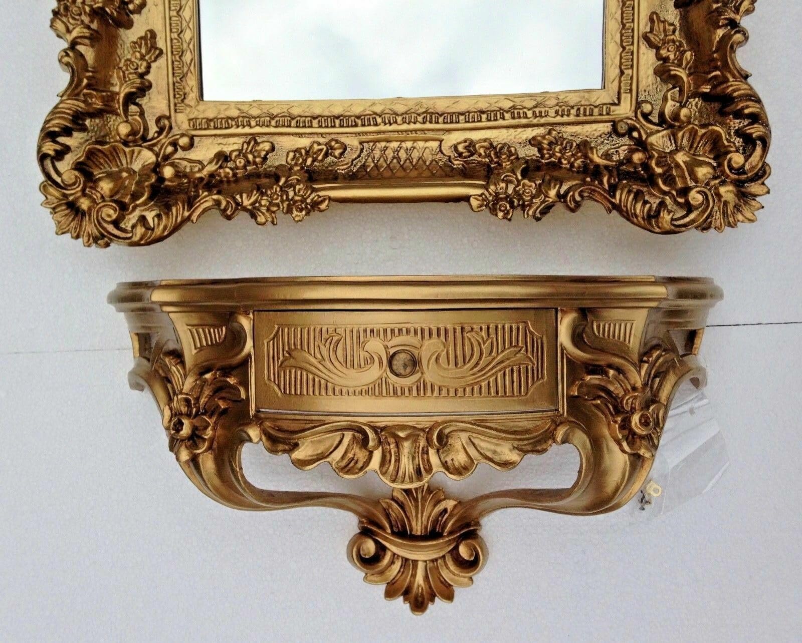 Consola de pared con cajón, estilo shabby shabby, decoración de pared, estilo antiguo, consola colgante (dorado)