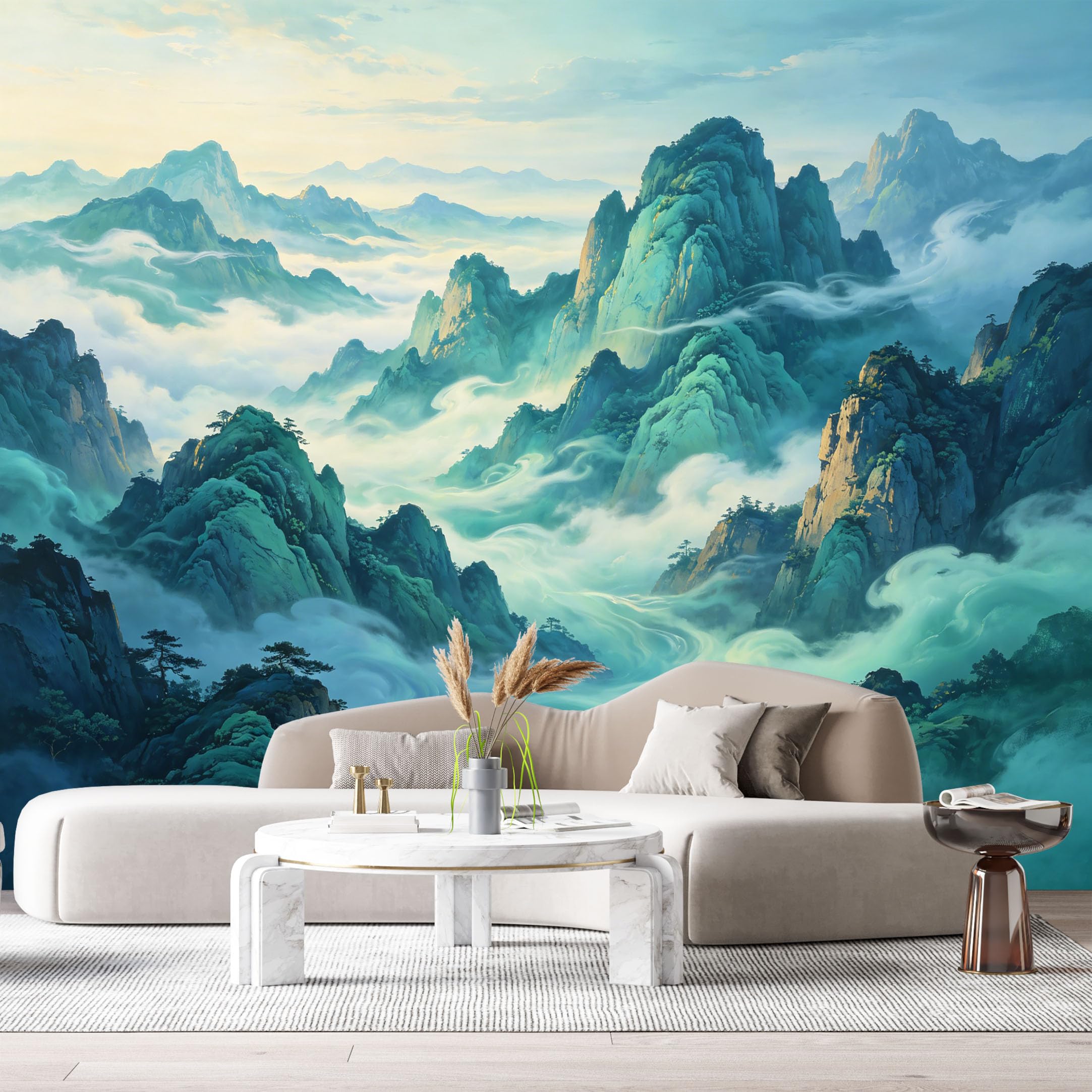 Custom Size Wall Murals Misty Mountain Landscape Ink Wash Painting Peaks Clouds SelfAdhesive Wall Fabric Removable Large Wallpaper for Photo Living Room