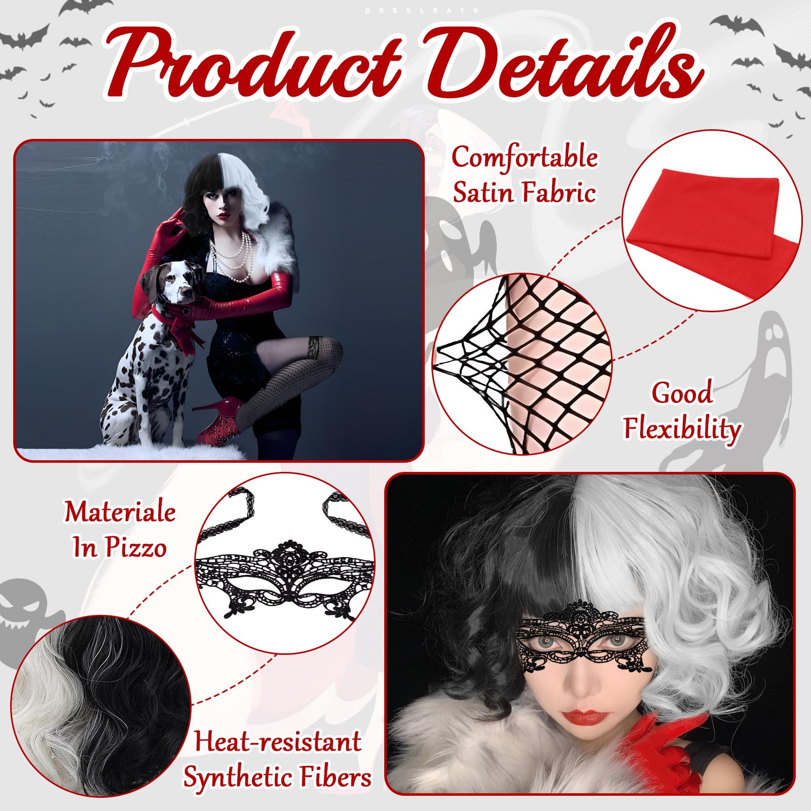 9 sztuk Cruella Zestaw cosplay dla kobiet, czarna i biała peruka, diabelski strój z peruką, maską, perłami, bransoletkami, rękawiczkami, szalikiem, papierosem i siatkowymi rajstopami na karnawał
