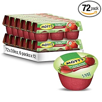 Mott's No Sugar Added Strawberry Applesauce, 3.9 Oz Cups, 72 Count (12 Packs Of 6), Good Source Of Vitamin C, No Artificial Flavors