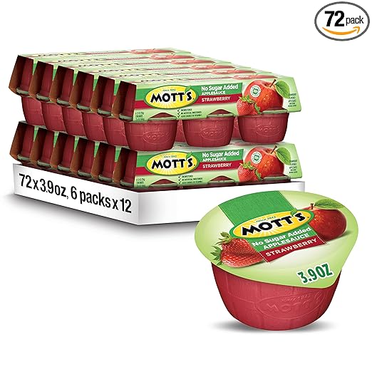 Mott's No Sugar Added Strawberry Applesauce, 3.9 Oz Cups, 72 Count (12 Packs Of 6), Good Source Of Vitamin C, No Artificial Flavors