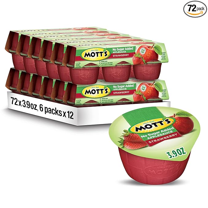 Mott's No Sugar Added Strawberry Applesauce, 3.9 Oz Cups, 72 Count (12 Packs Of 6), Good Source Of Vitamin C, No Artificial Flavors
