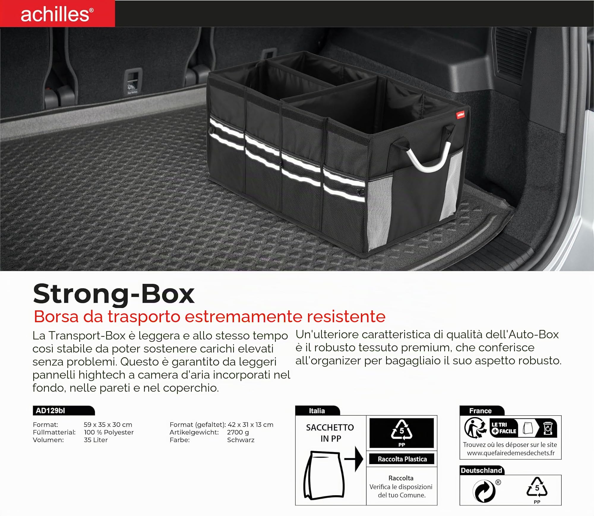 achilles Cassaforte, robusta scatola pieghevole per auto con coperchio stabile, organizer per bagagliaio, borsa pieghevole per auto, cestino pieghevole, scatola di immagazzinaggio, 58 x 34 x 30 cm
