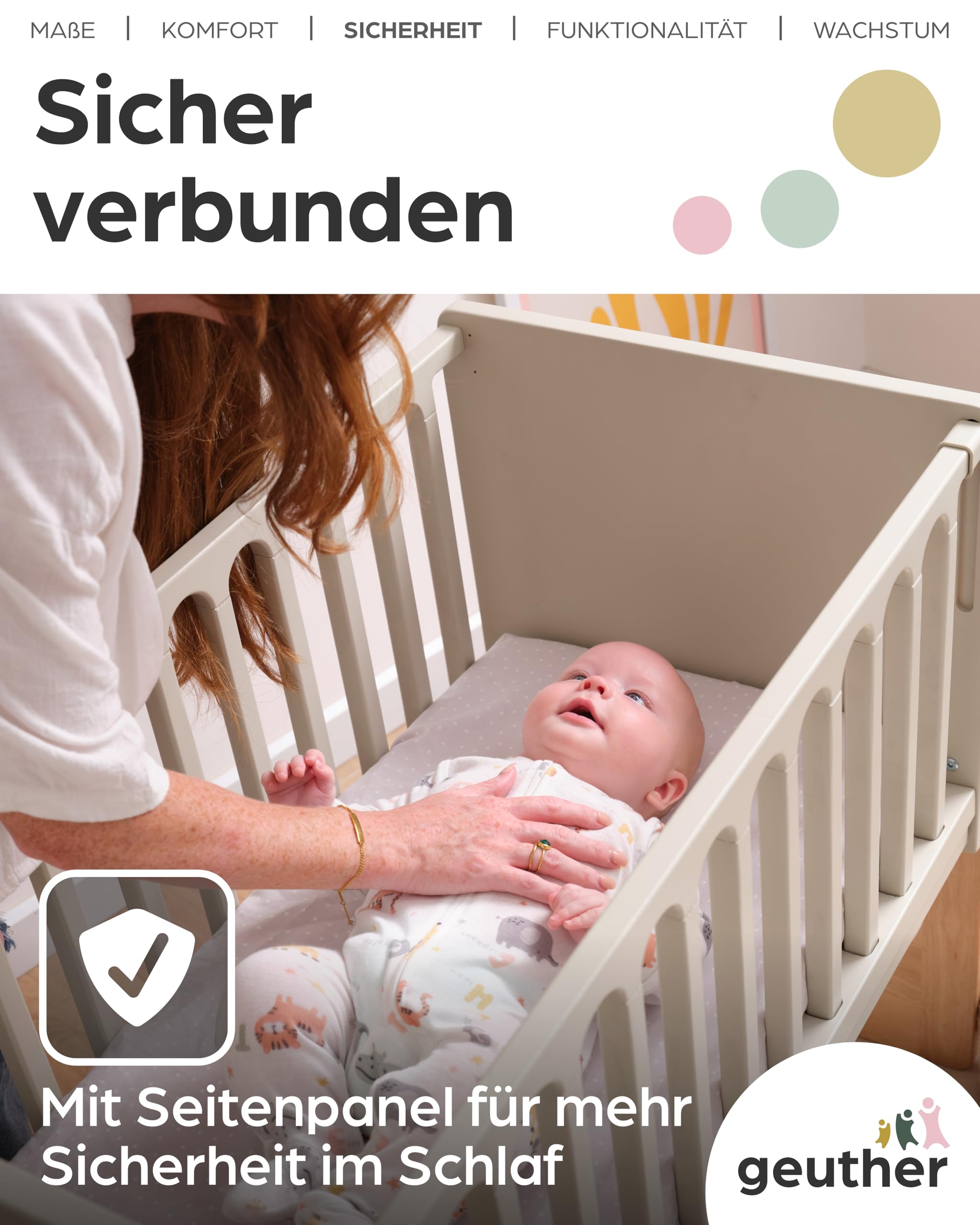 Geuther 4-in-1 Beistellbett Baby Hato, Baby Erstausstattung für Babyzimmer ab Geburt I Babybett mit Rollen, Gitterbett umbaubar als Kinderbett, Sitzbank oder Kindertisch I Buchenholz, Natur-Beige