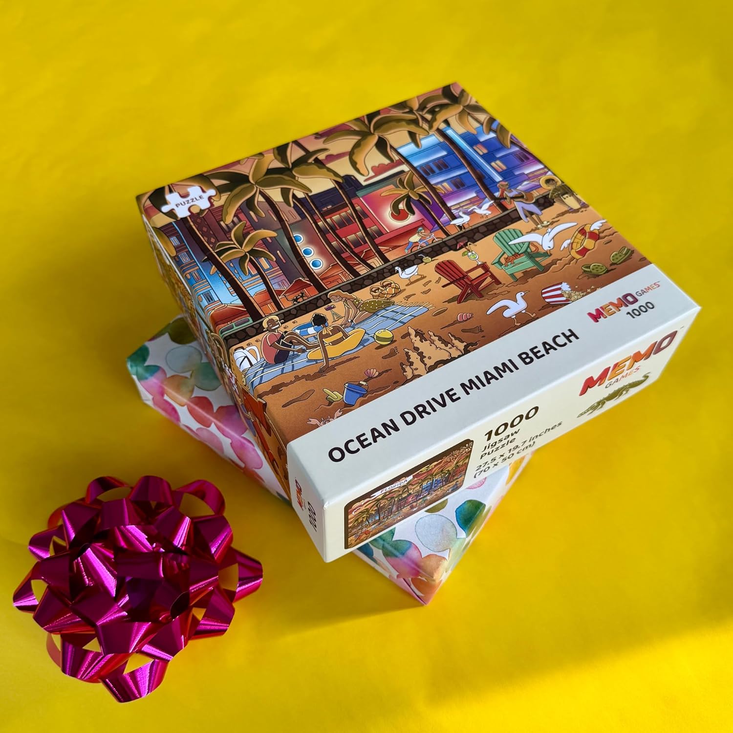 1000-Piece Jigsaw Puzzle for Adults – Ocean Drive Miami Beach | Florida Landmarks, Colorful Hand-Drawn Illustration – Puzzle Size 27.6x19.7 in