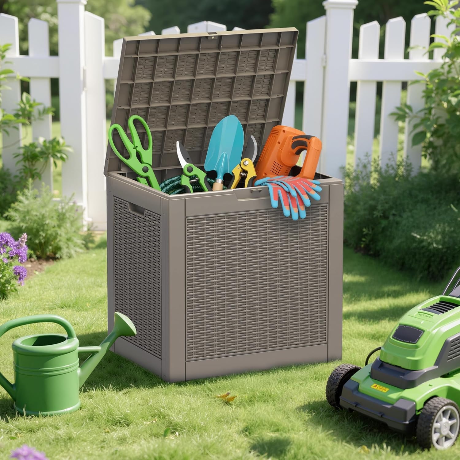 Outdoor Storage Box, 30 Gallon Deck Box with Lockable Lid, Waterproof Resin Storage Bin for Patio Furniture, Garden Tools, Cushions, Grey