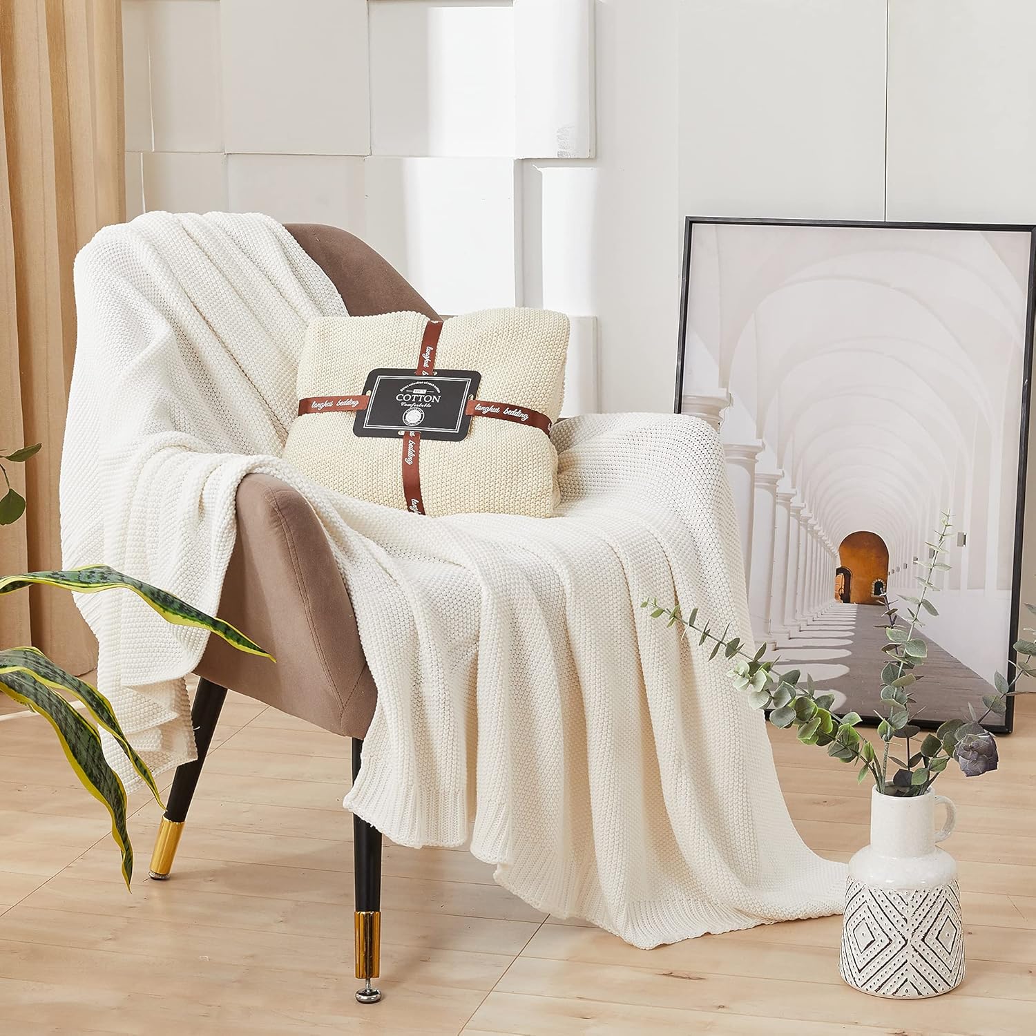 Longhui bedding Cotton Cable Knit Throw Blanket for Couch Sofa Bed, Home Decorative, Lightweight Woven Blankets with Bonus Laundering Bag, 50“ x 60”, Beige - Image 5