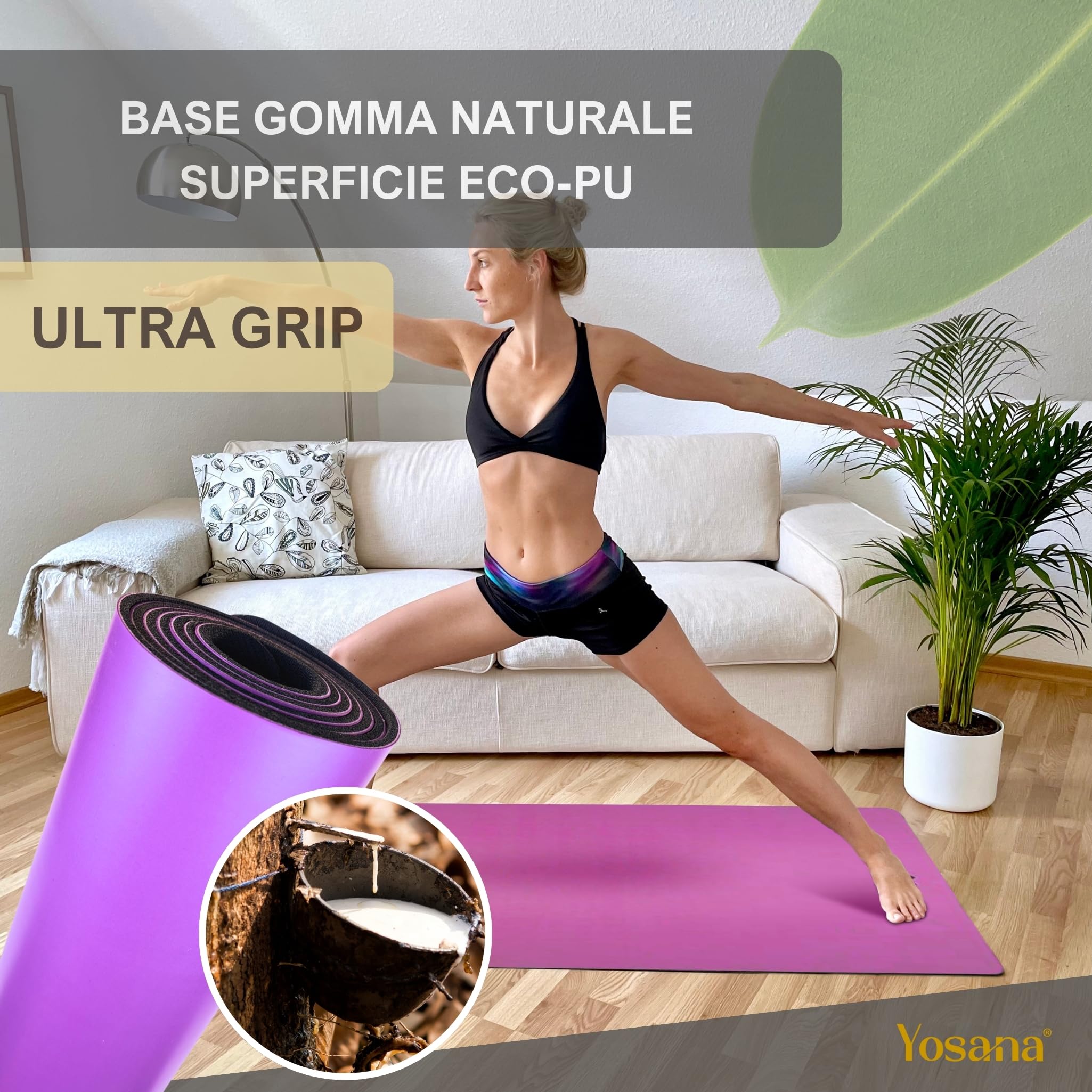 Tappetino da yoga in gomma naturale | estremamente antiscivolo con superficie ULTRA GRIP | extra largo 68cm | 183x68cm | 4mm sottile | cinghia inclusa