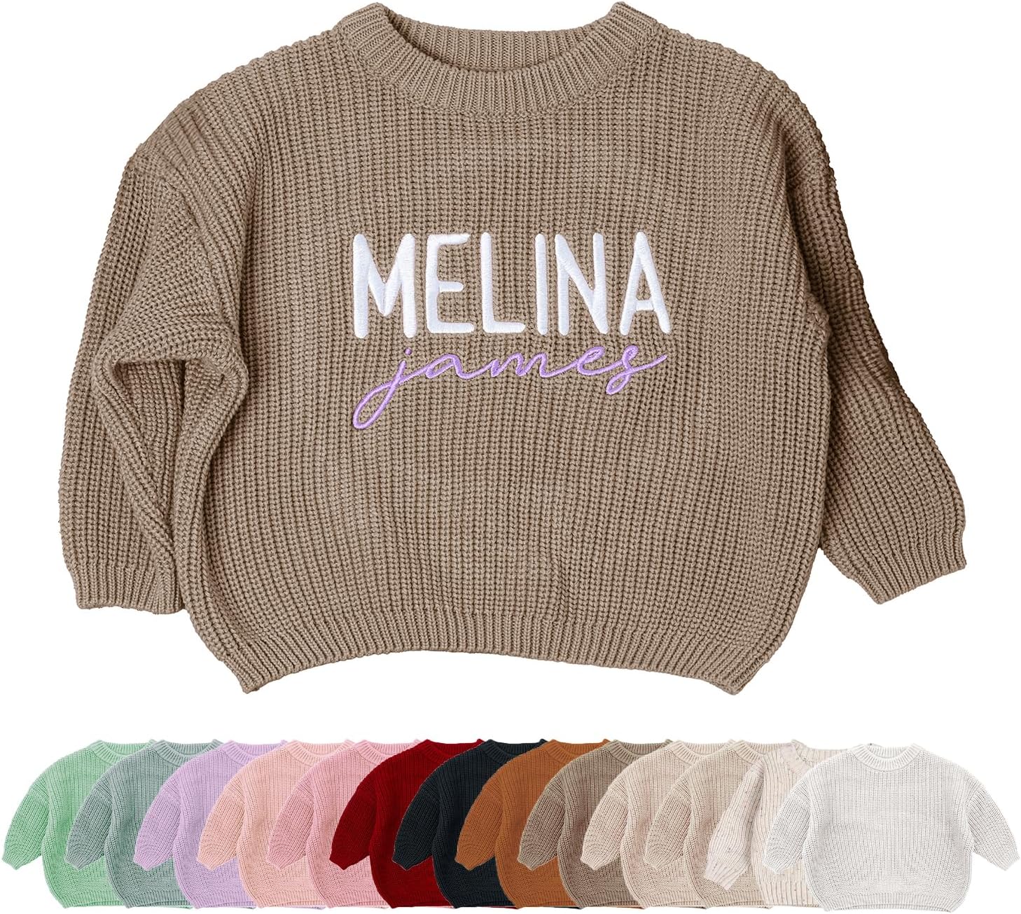 Custom Name Embroidery Toddler Knit Sweater – Round Neck Long Sleeve Pullover – Fall/Winter Baby Clothes