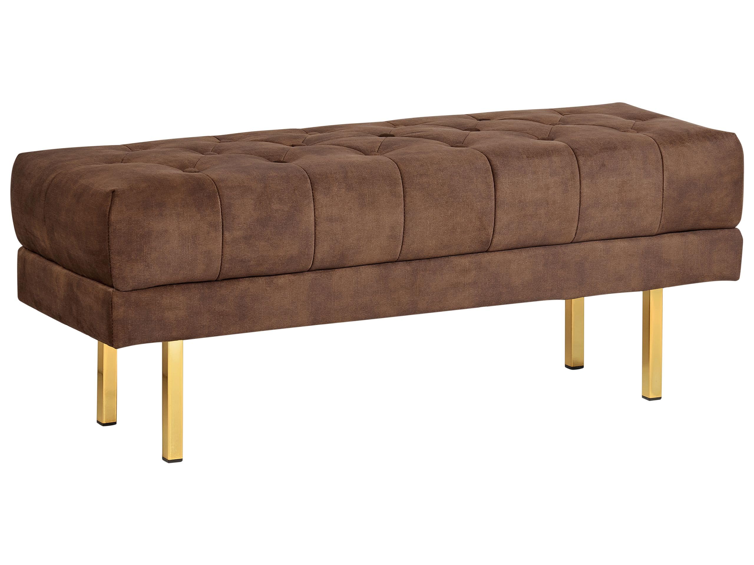 Beliani Banc en Velours Banquette de Lit Rembourré Glam Pouf Pieds en Métal Doré Marron Roseville