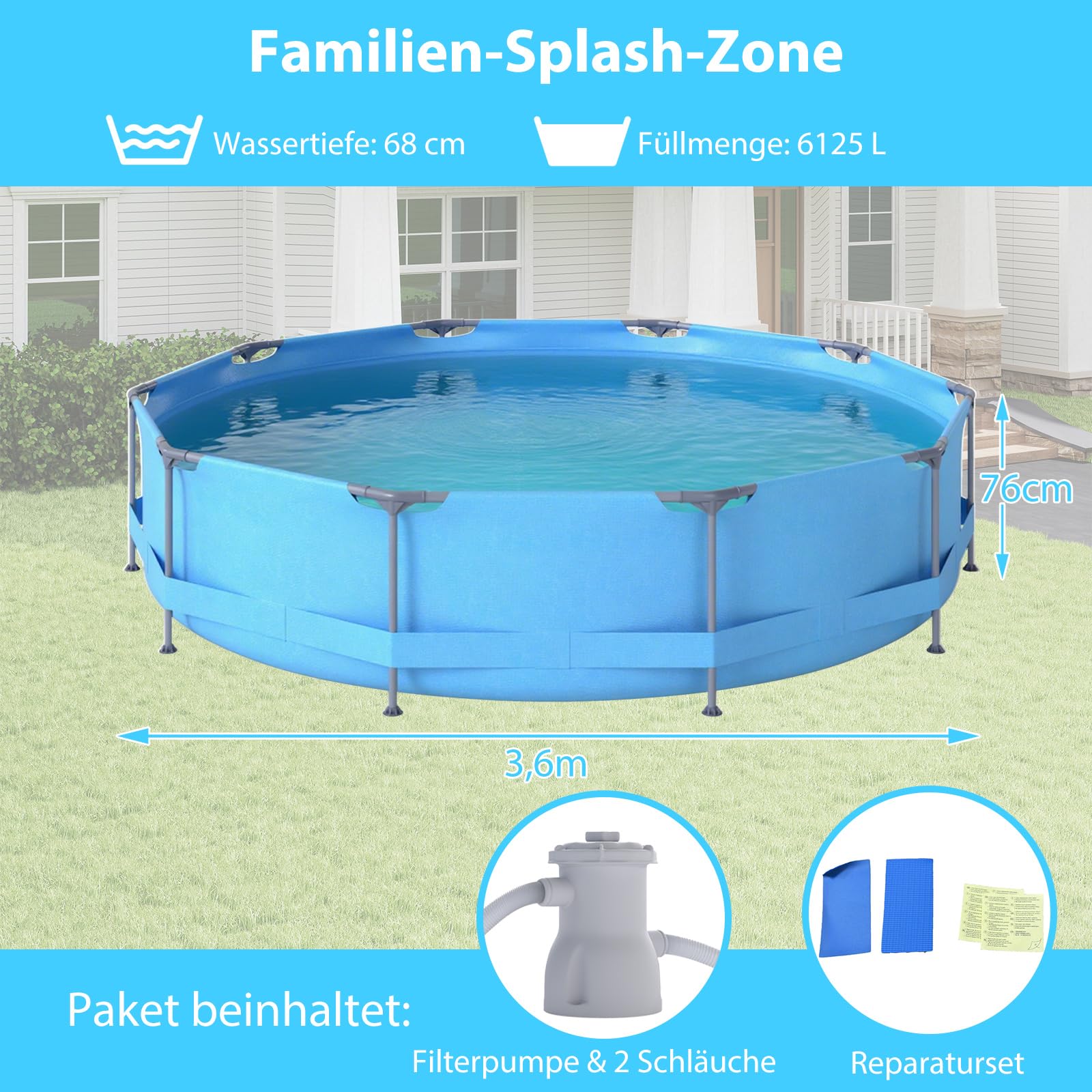 RELAX4Life Pool-Set mit Filterpumpe Ø 360 x 76 cm Metallrahmen Schwimmbecken Komplettset