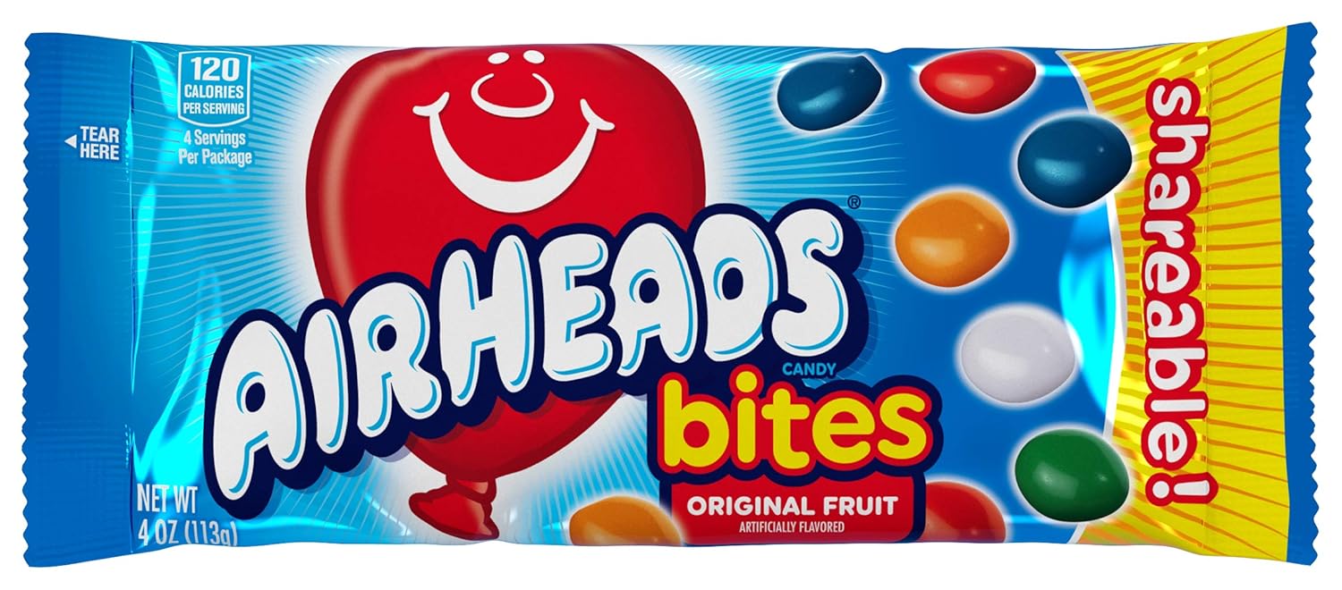 Airheads Candy, Bites, Assorted Fruit Flavors, Non-Melting, 4oz Packs, Box of 18 Packs