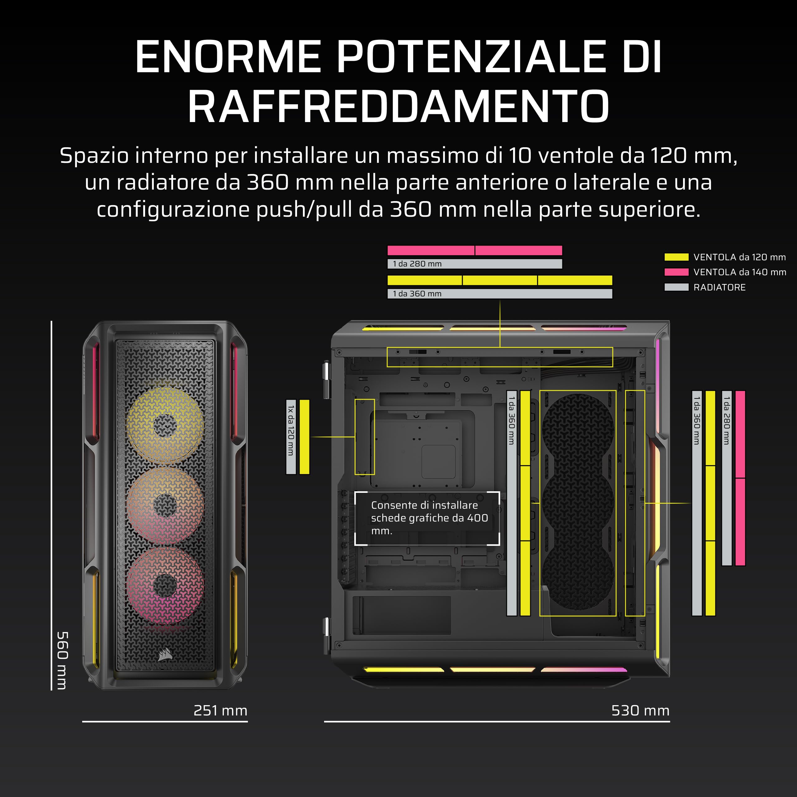 CORSAIR iCUE LINK 5000T LX RGB Mid–Tower ATX PC Case – 3 ventole LX120 RGB preinstallate, strisce luminose Aurora integrate, interni spaziosi, Hub di sistema iCUE LINK incluso – Nero