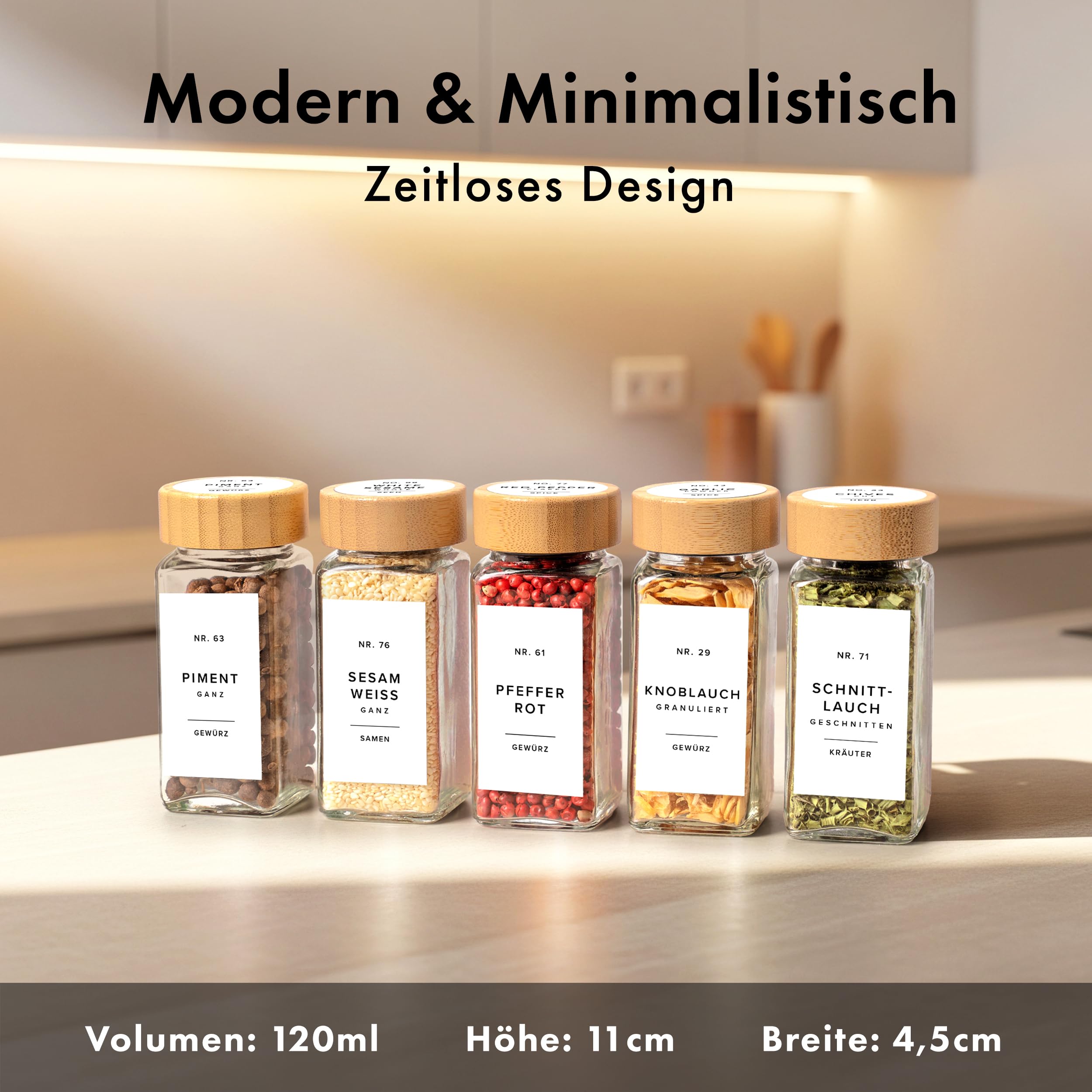 EDELHAUS Gewürzgläser Eckig Set mit Bambusdeckel (24 x 120ml) Gewürzstreuer mit Streueinsatz und 240 Etiketten Weiß - Holzdeckel Gewürzbehälter, Gewürzdosen, Gewürze organizer [11cm x 4,5cm]