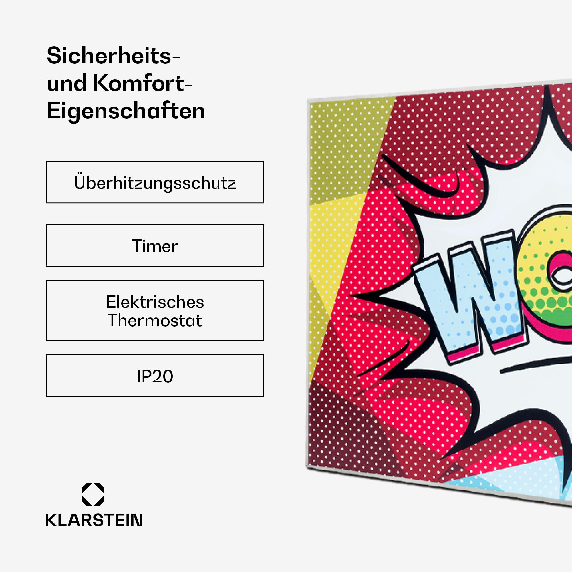 Klarstein Infrarotheizung mit Thermostat, 600W Elektroheizung, Bild-Infrarotheizung zur Wandmontage, IR mit Fernbedienung, Erkennung Offener Fenster, Feuchtraum Heizkörper, Elektro Wand Heizung
